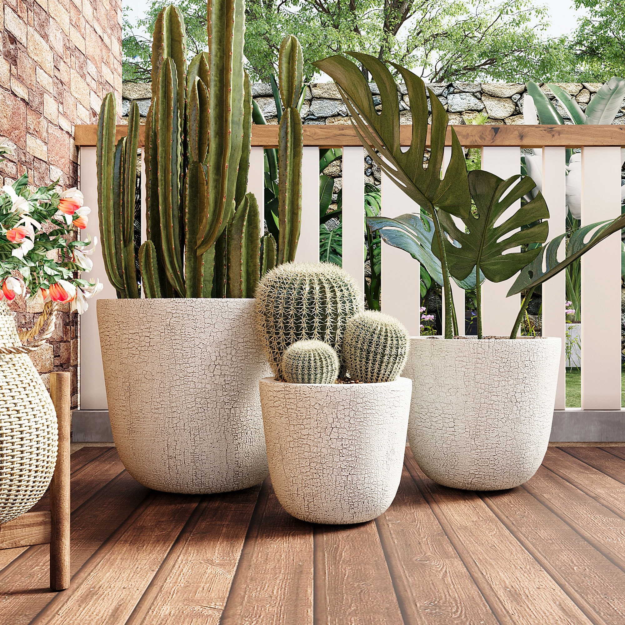 GDFStudio Beige MGO Planter Set of 3 Round Concrete Stackable Flower Pots Crackle Stone Texture for Patio Garden Balcony