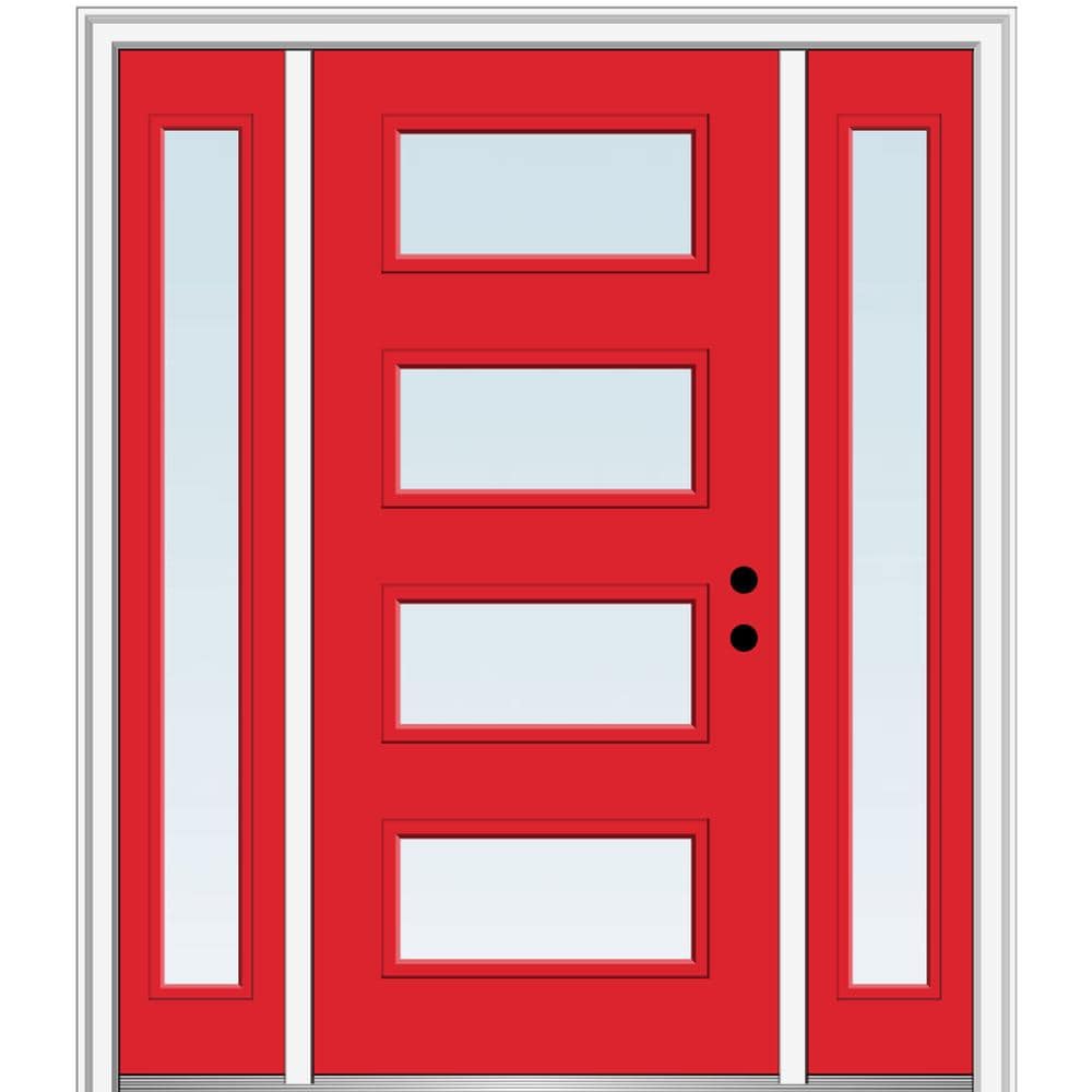 MMI DOOR ZZ345606L Spotlights 60-in x 80-in x 4-9/16-in Fiberglass Pulse lite Left-hand inswing Red Saffron Painted Prehung Front Door with Sidelights with Brickmould Insulating core
