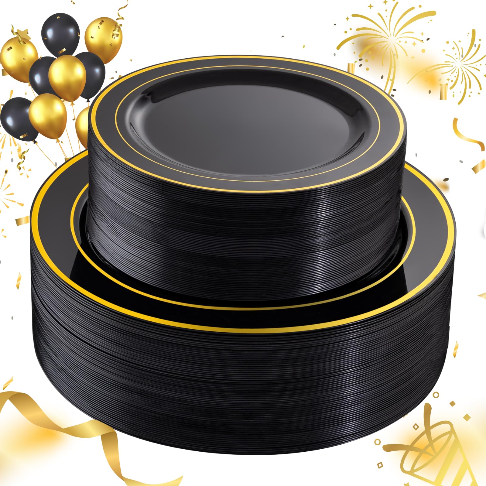 Phewnyzo  100 pcs Black and Gold Plastic Plates Set Includes 50 Dinner Plates 10 Inch and 50 Dessert Plates 7 Inch Heavy Duty Disposable