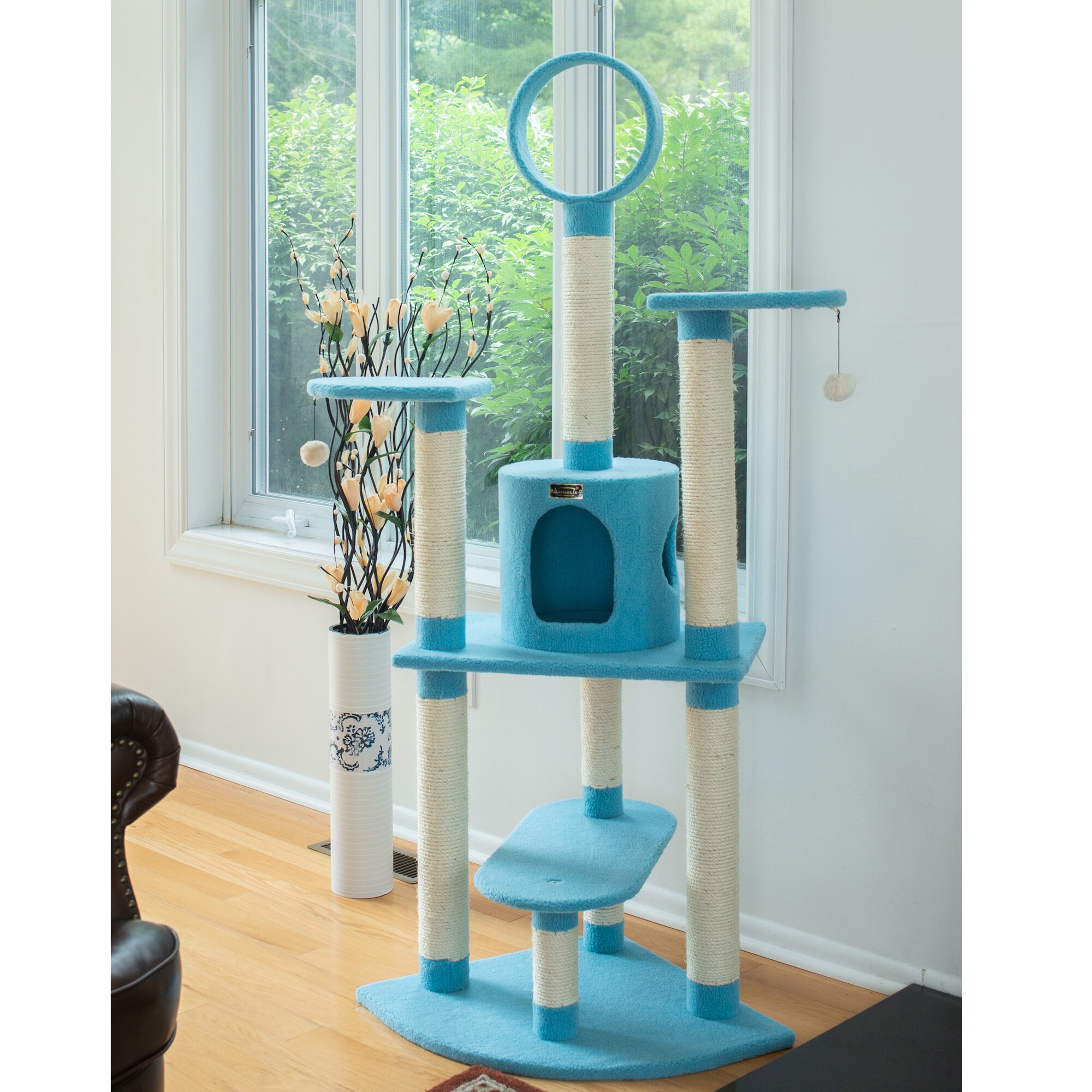 Sky Blue 65-Inch Faux Fleece and Sisal Cat Tree