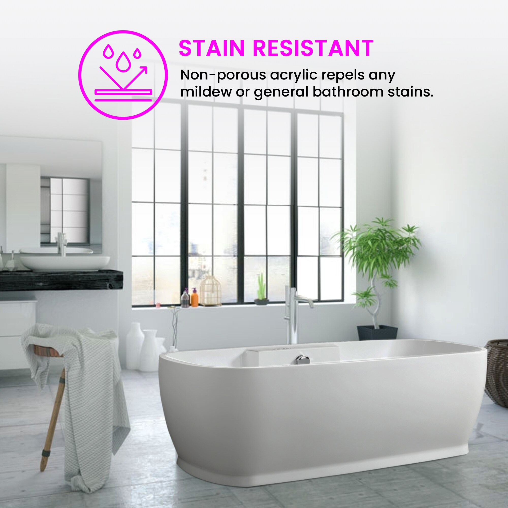 67-Inch White Acrylic Freestanding Soaking Bathtub with Chrome Overflow