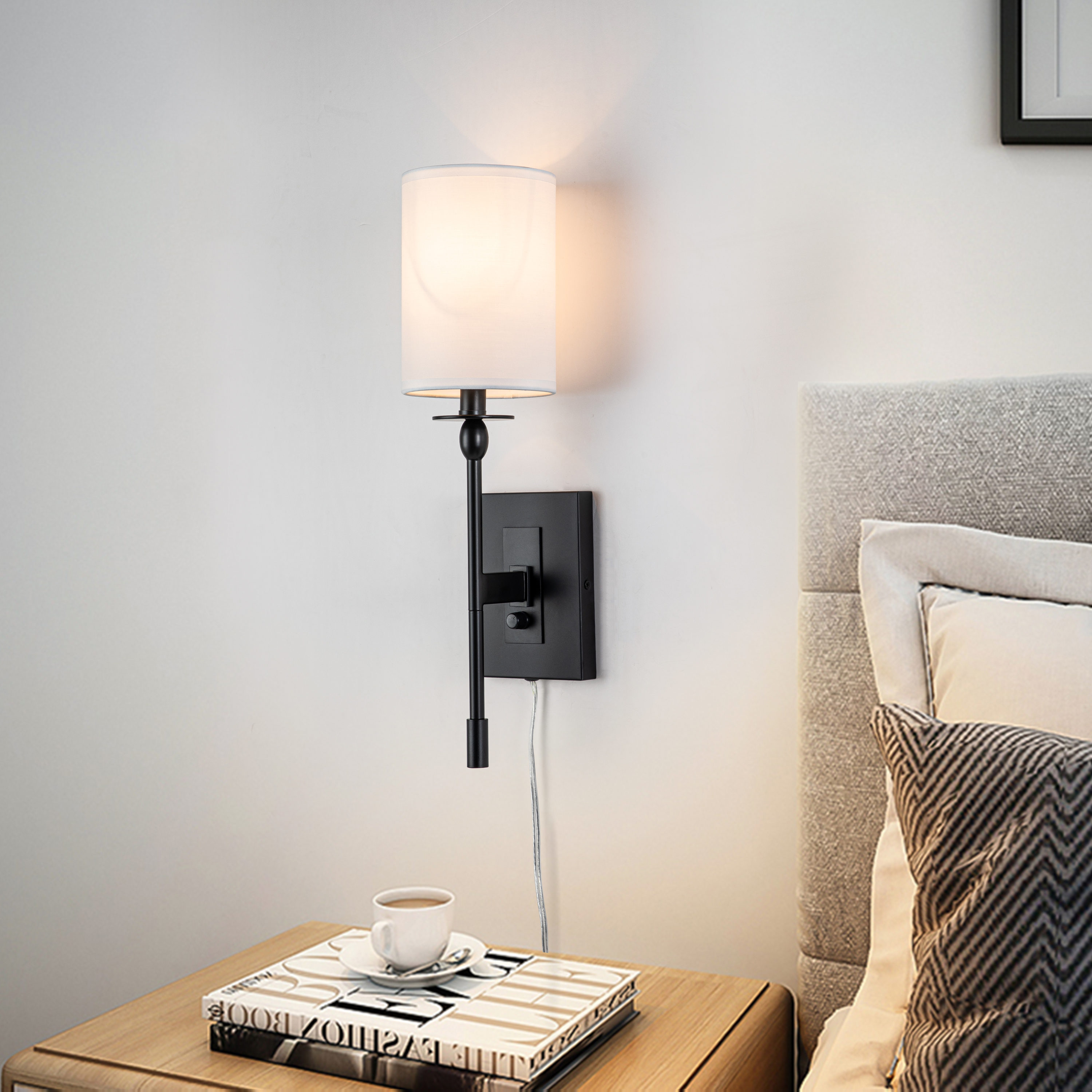 Black Metal Wall Sconce with White Fabric Shade