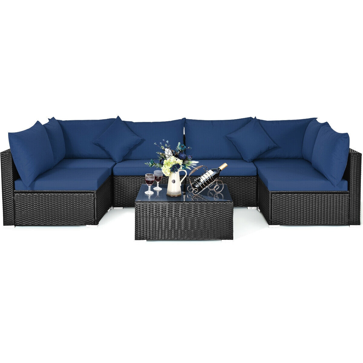 WELLFOR OUG66524BNY+ 7 -Piece Wicker Patio Conversation Set with Blue Cushions
