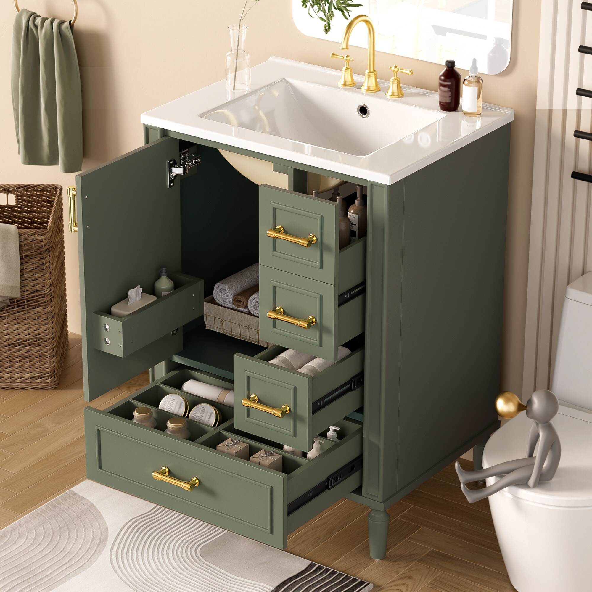 HyperDrop Cart 24 Inch Modern Bathroom Vanity with Ceramic Sink Soft Close Door 3 Drawers Gold Handles and Door Mounted Rack for Space Saving Storage