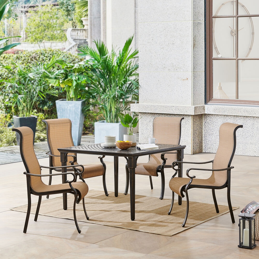 Hanover BRIGDN5PCSQ Brigantine 5 -Piece Espresso Bean Patio Dining Set Aluminum Square Table with 4 Tan Stationary Chairs