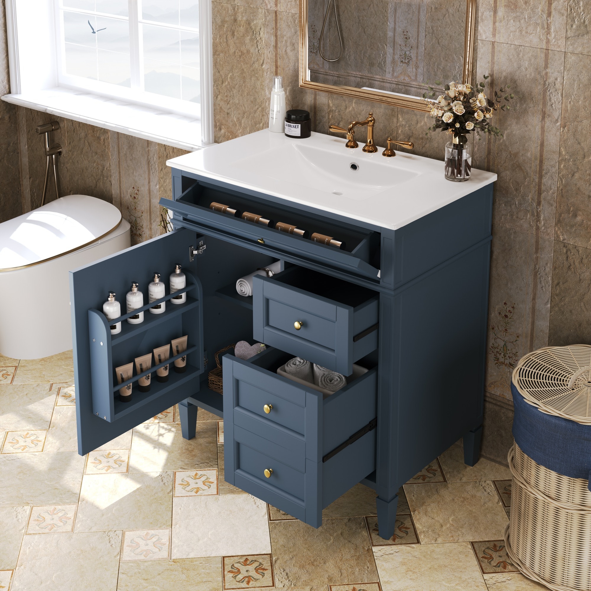 HyperDrop Cart 30-in Bathroom Vanity Cabinet with Top Sink Tip-Out Drawer Single Sink Storage