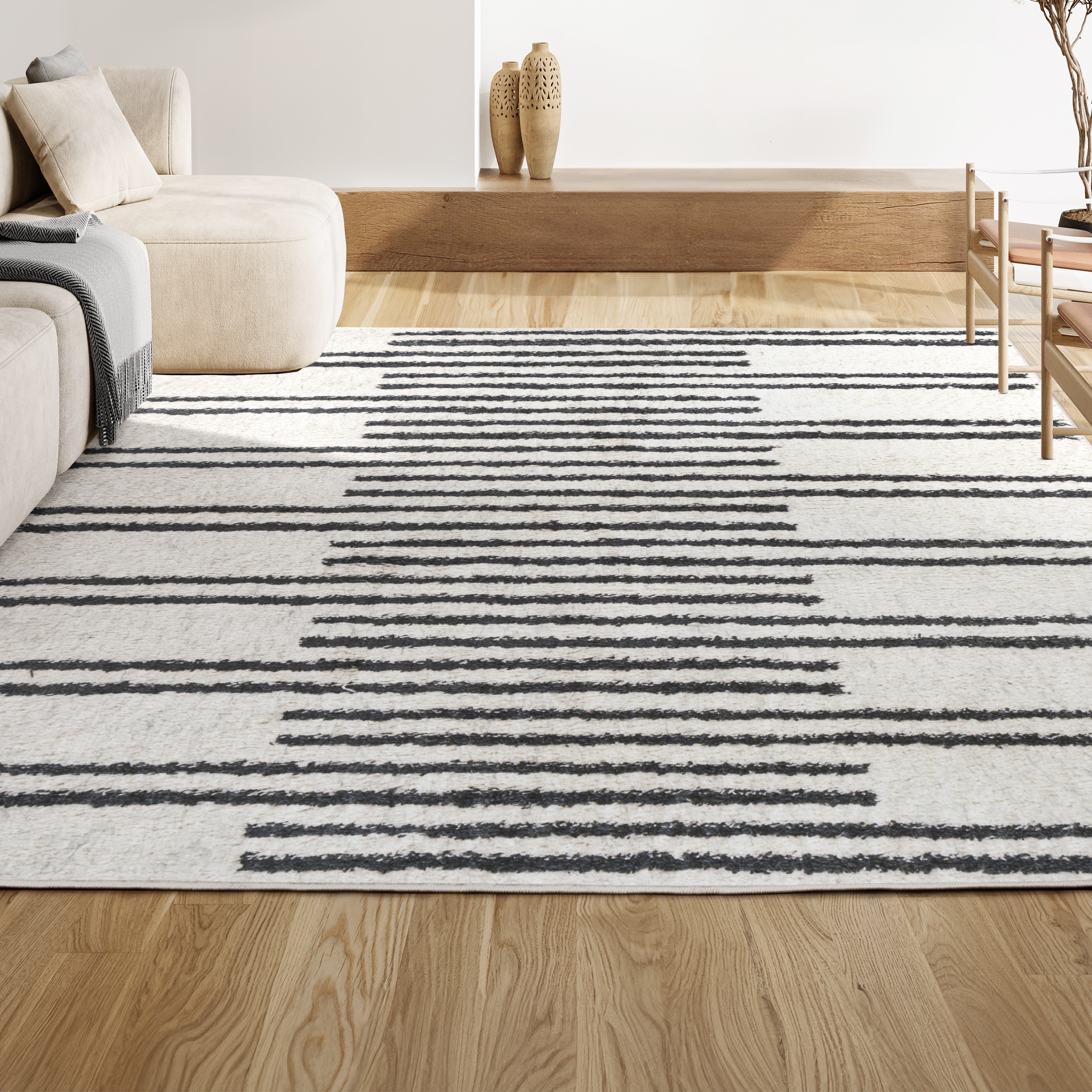 Ivory and Gray Striped Shag Area Rug 3 x 5