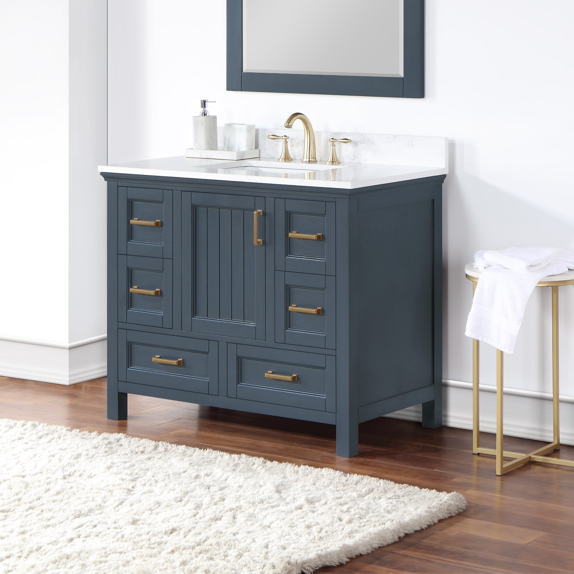 Altair - Georgia 42 Single Bathroom Vanity Set in Jewelry Blue and Composite Carrara White Stone Top with White Farmhouse Basin Without Mirror | 5370