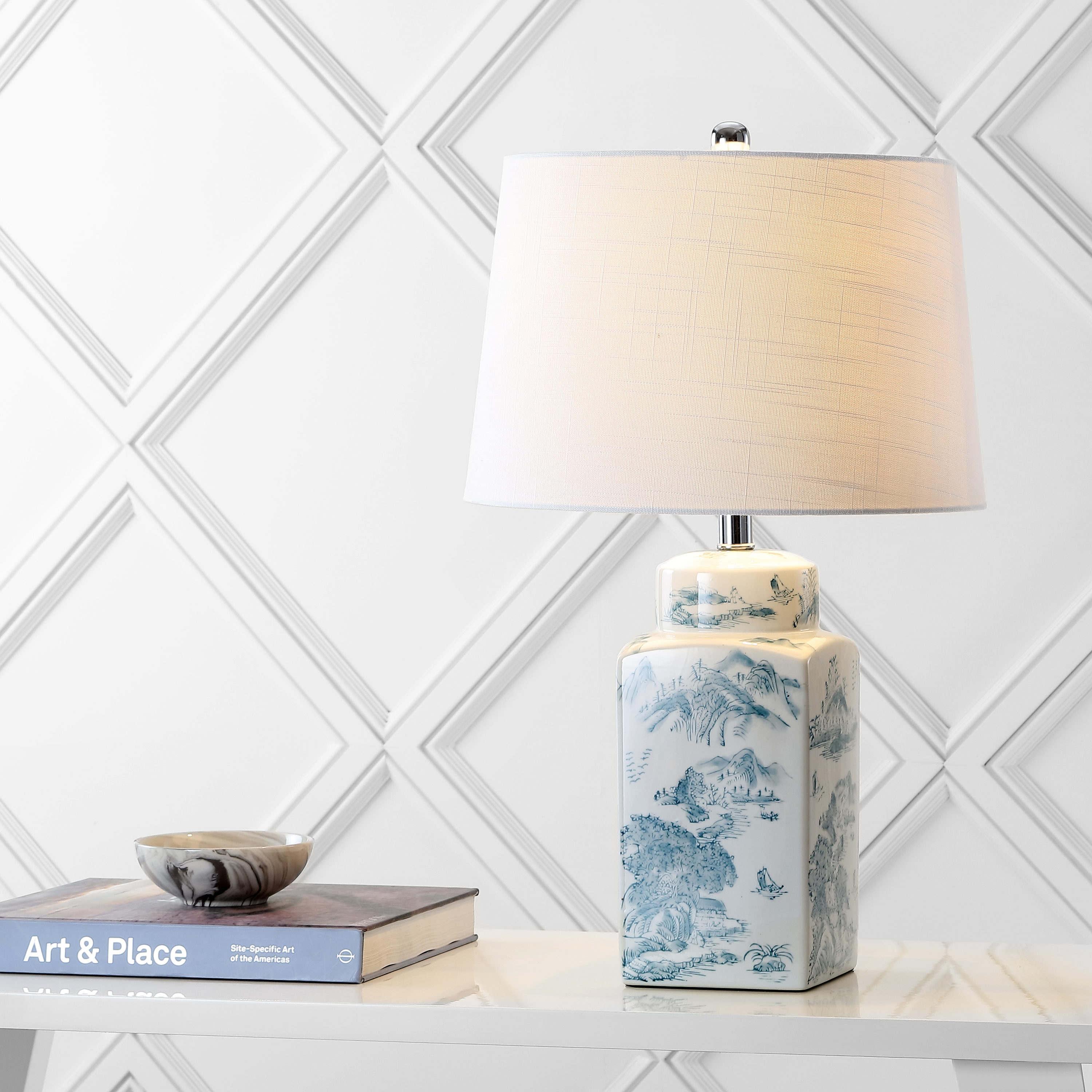 JONATHAN  Y JYL5052A Audrey Chinoiserie Traditional Cottage 24.5-in Chrome LED Incandescent Rotary socket Table Lamp with Linen Shade