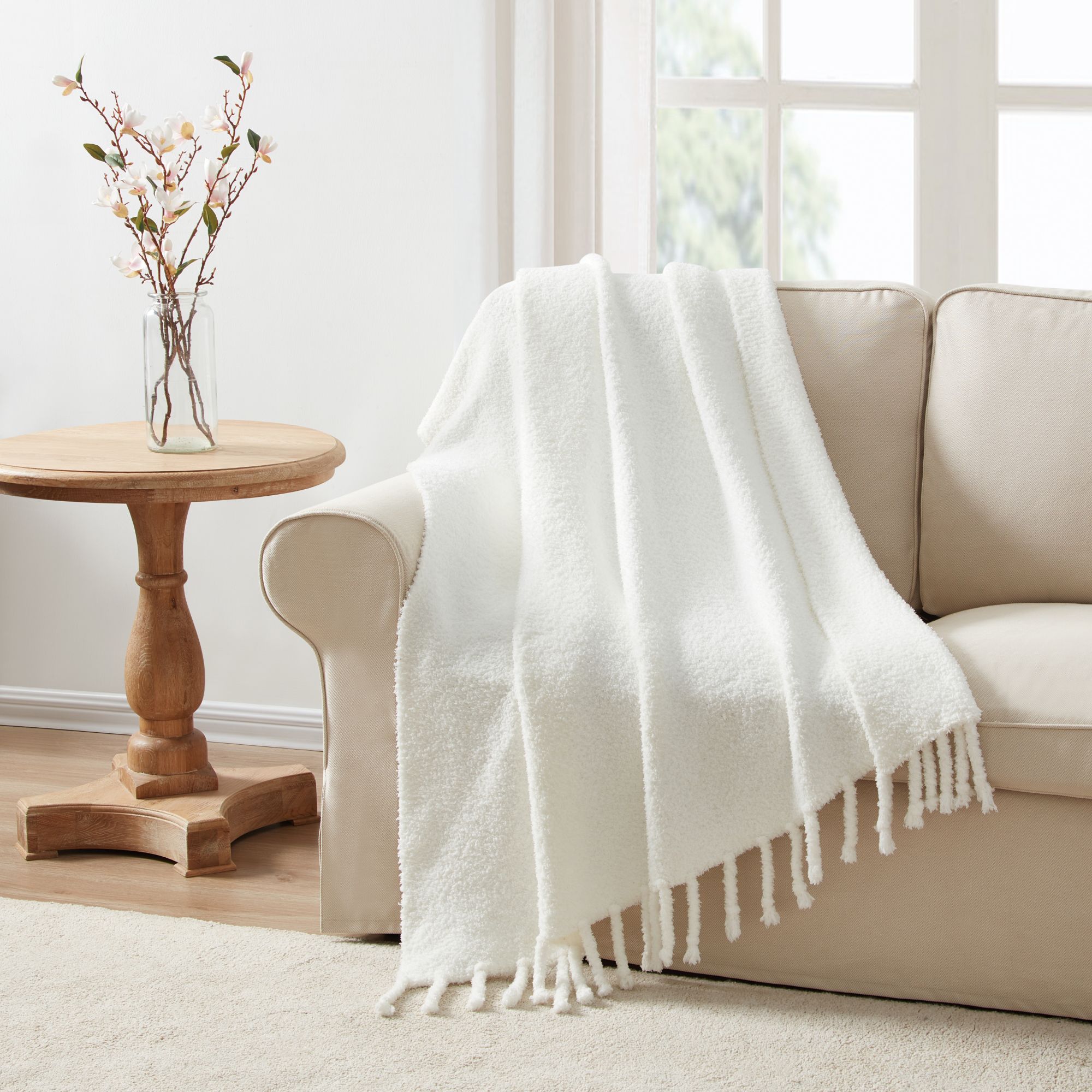 KATE AURORA Ultra Soft and Plush Miranda Ivory Fringed Accent Throw Blanket 50 in W x 60 in L