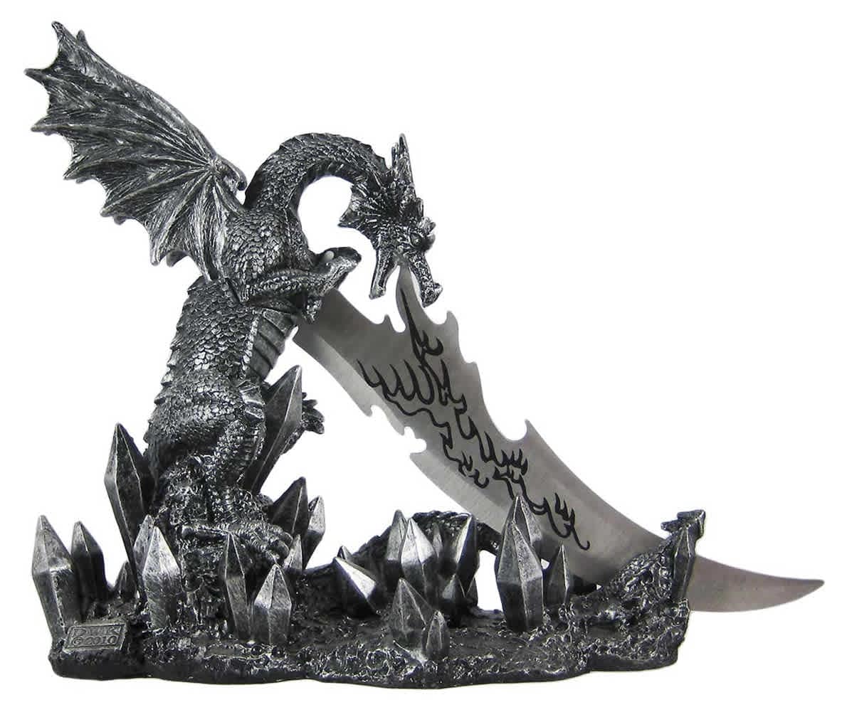 Zeckos 97158 Wicked Fire-Breathing Dragon Stone Grey Knife Holder with Menacing-Looking Dagger - Unique Medieval Style Collectible Decor for Enthusiasts of Fantasy Weapons