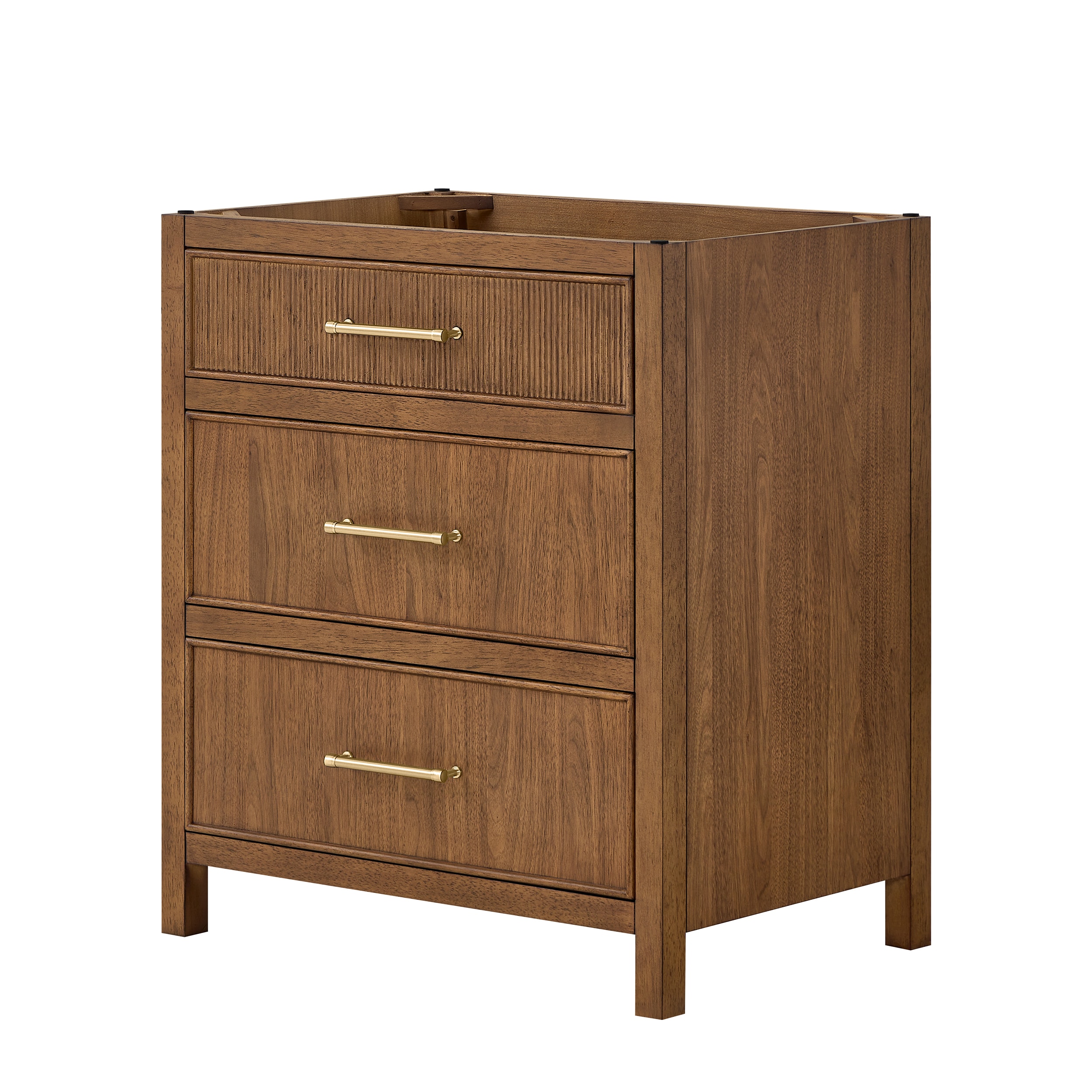 Wyndham Collection Isola 30 Inch Single Bathroom Vanity in Toasted Walnut, No Countertop, No Sink, Satin Bronze Trim