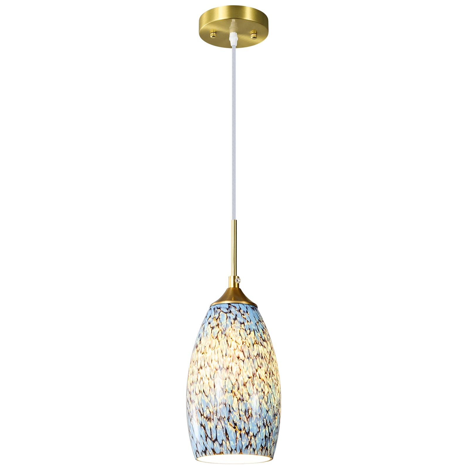 ZHLLMQ Modern 1-Light Brushed Gold Series Mosaic Speckled Art Glass Teardrop Non-Integrated LED 4.72 Inch Kitchen Island Hardwired Mini Pendant Chandelier