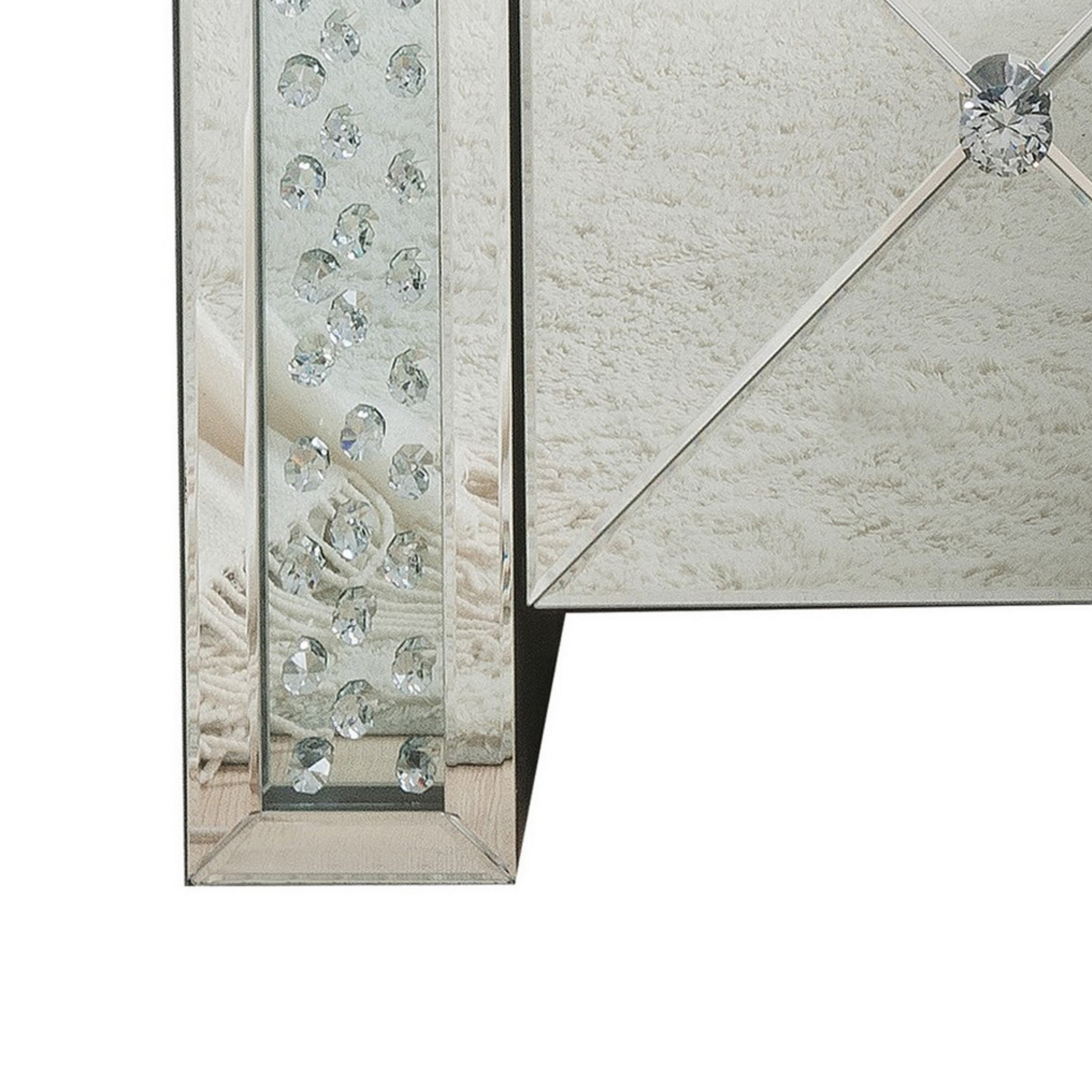 Sleek Silver Wood & Mirrored Nightstand with Crystal Knobs