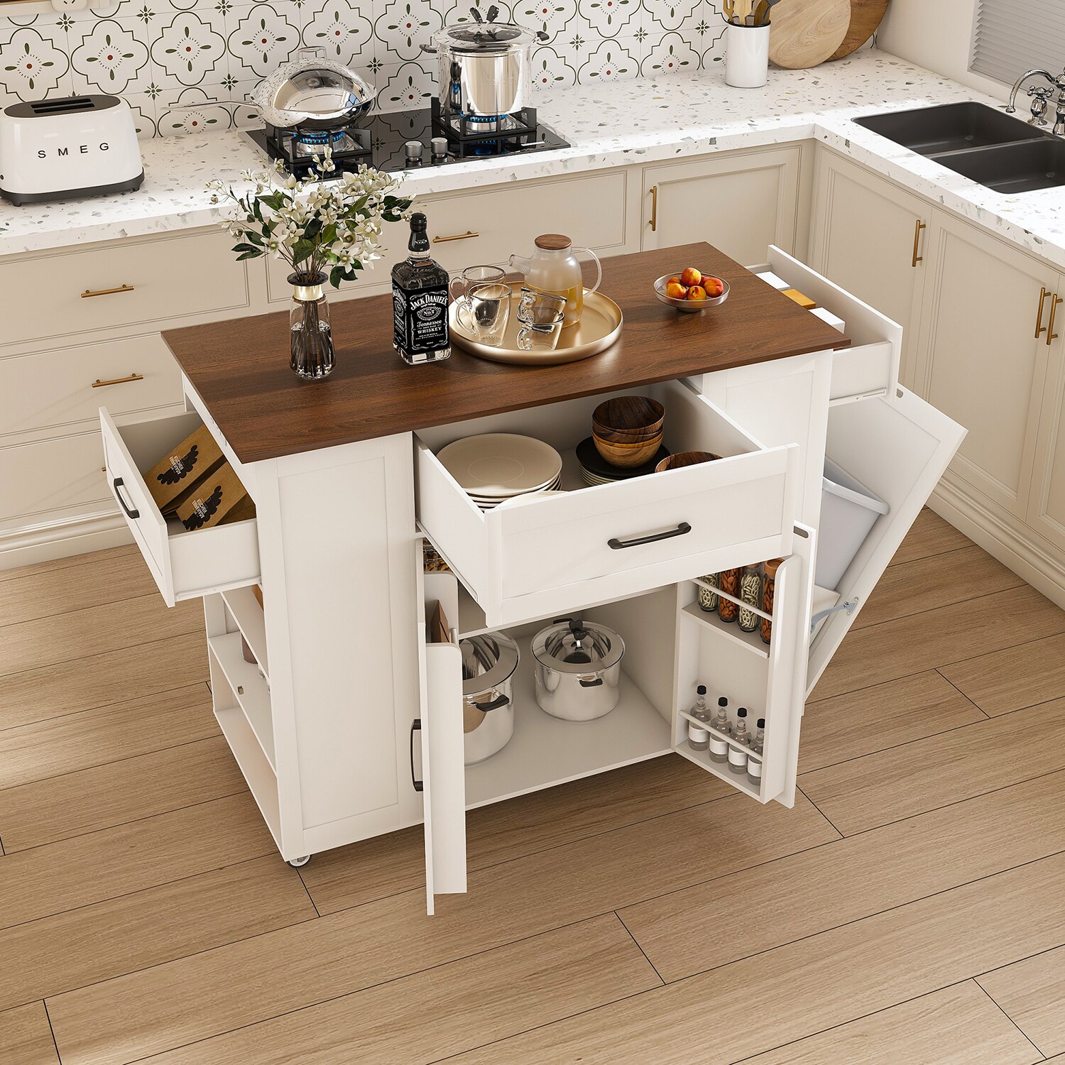 GZMR White MDF Base with MDF Rolling Kitchen Island ( 22.05-in x 46.06-in x 32.4-in )