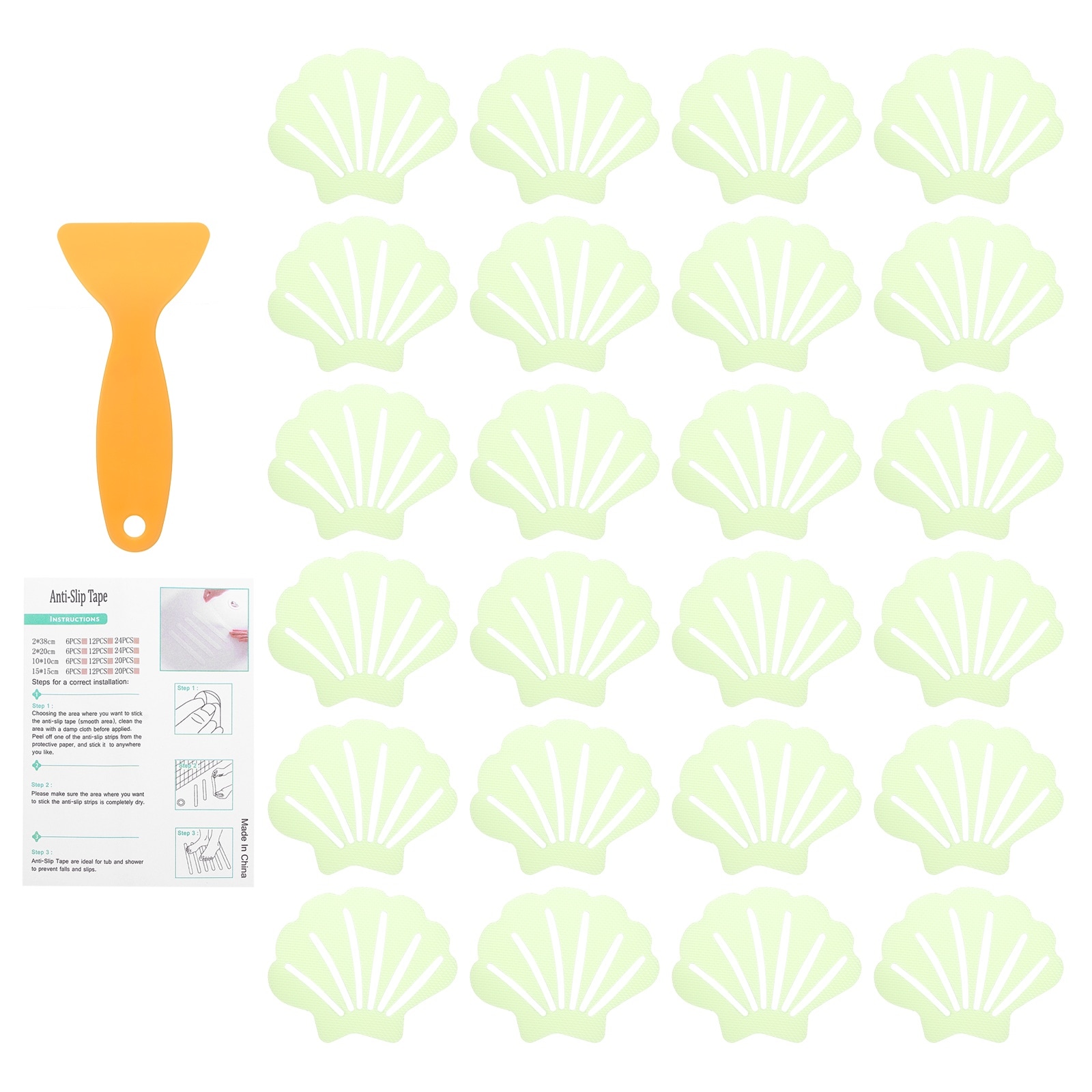 Unique Bargains 24pcs Non-Slip Bathtub Stickers 9x7 cm Shell Shape Shower Floor Non Slip Stickers with Scraper for Bathroom Shower Stairs Ladders Luminous Green #S26011400UX8696