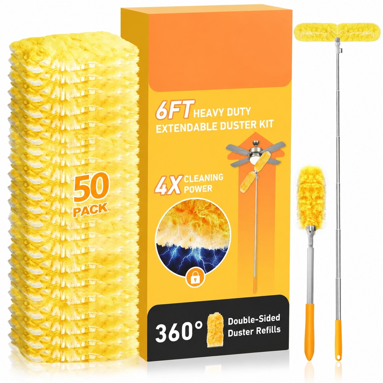 LAIFUCAM  6 ft Long Handle Extendable Duster with 50 Microfiber Refills for High Ceilings Fans Windows and Hard to Reach Areas