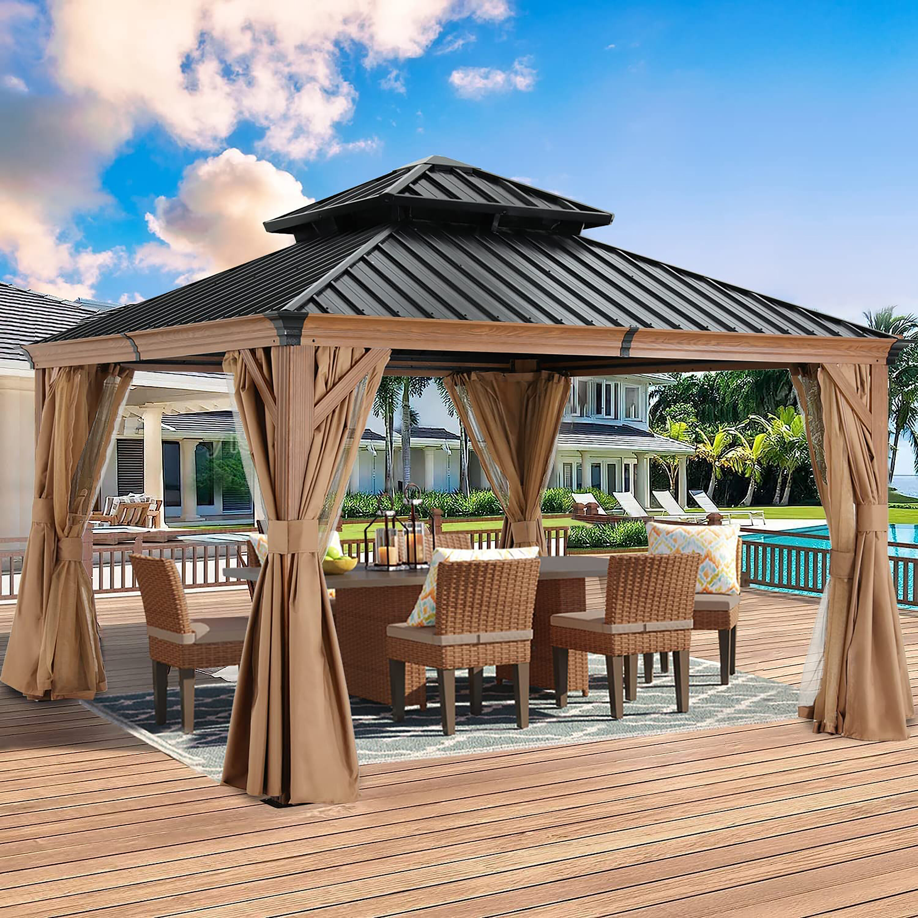 ABCCANOPY 10-ft x 10-ft Rectangle Wood Looking Metal Steel Roof Gazebo ...