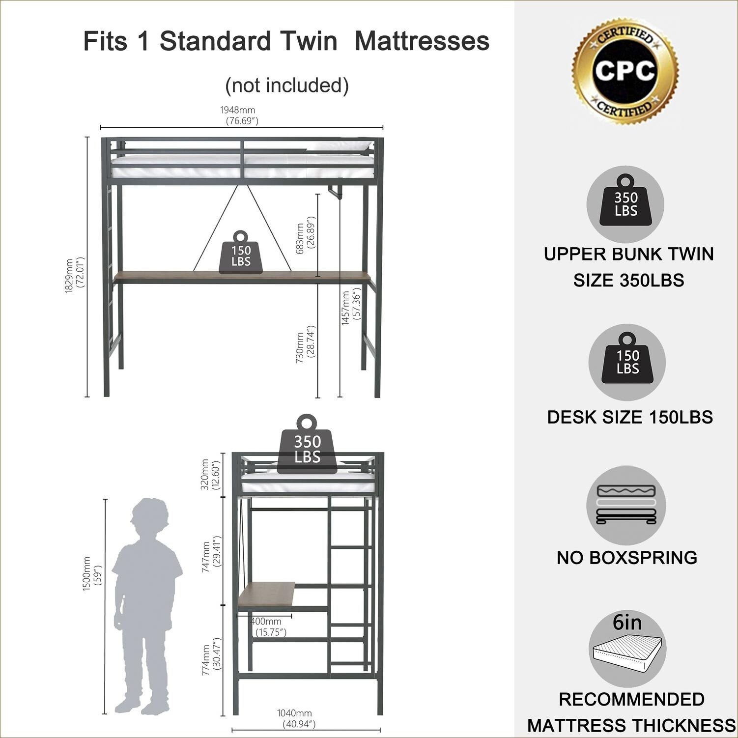 Watnature Sleek Black Twin Loft Bed with Storage Desk and Closet Rod ...