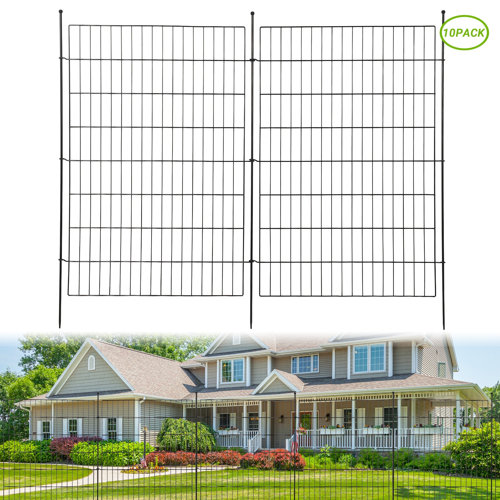 IdealHouse Rustproof Metal Garden Fence Panels Decorative Animal Barrier and Outdoor Dog Playpen Black Perimeter Edging 10 Pack Top Flat Design 29W x 40H Mesh 11 Ground Stakes Wooden Mallet Included 10 Pieces No Door