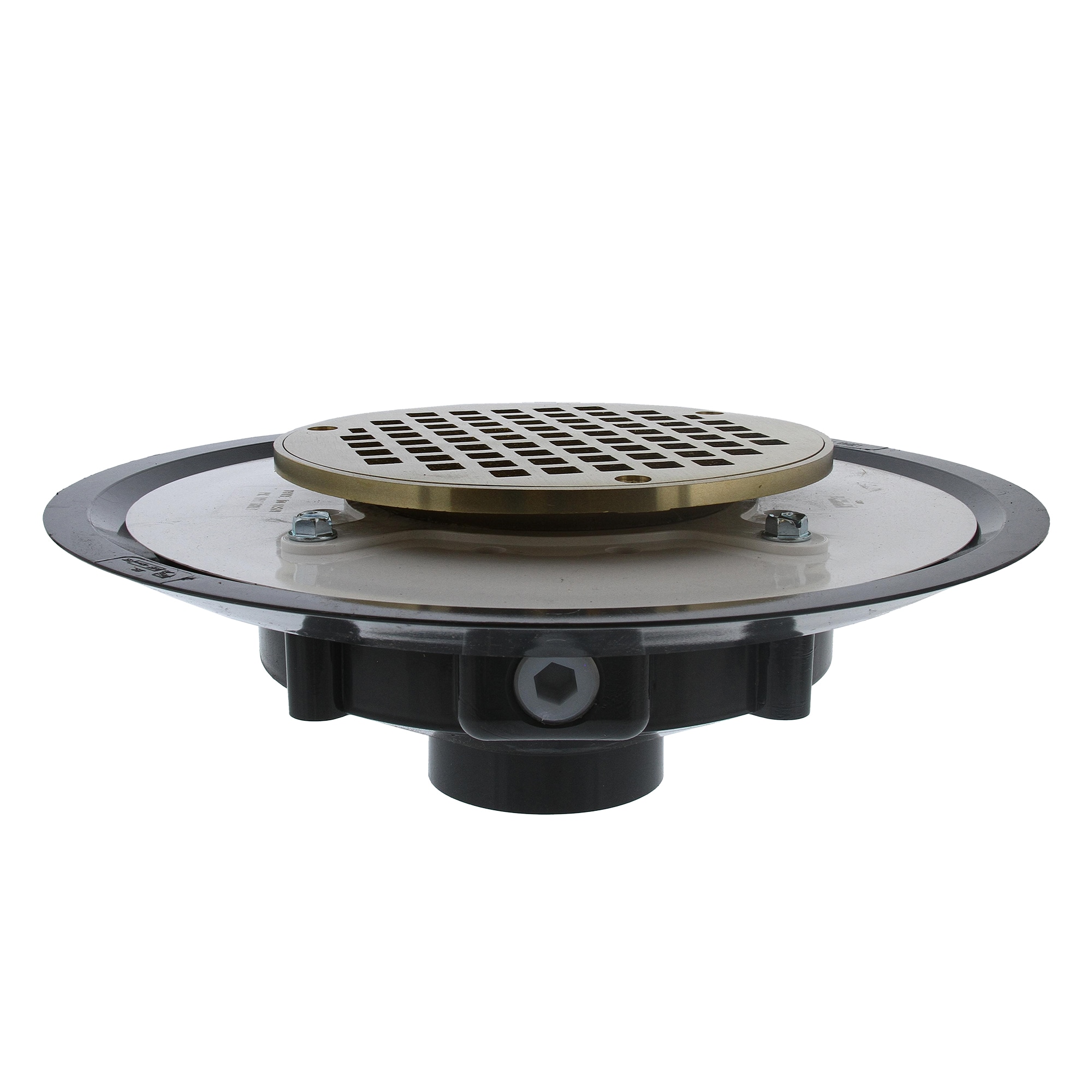 Jones Stephens D50028 Heavy Duty PVC with Metal Spud 6-in Strainer 2-in Polished Brass Round Brass Floor Drain