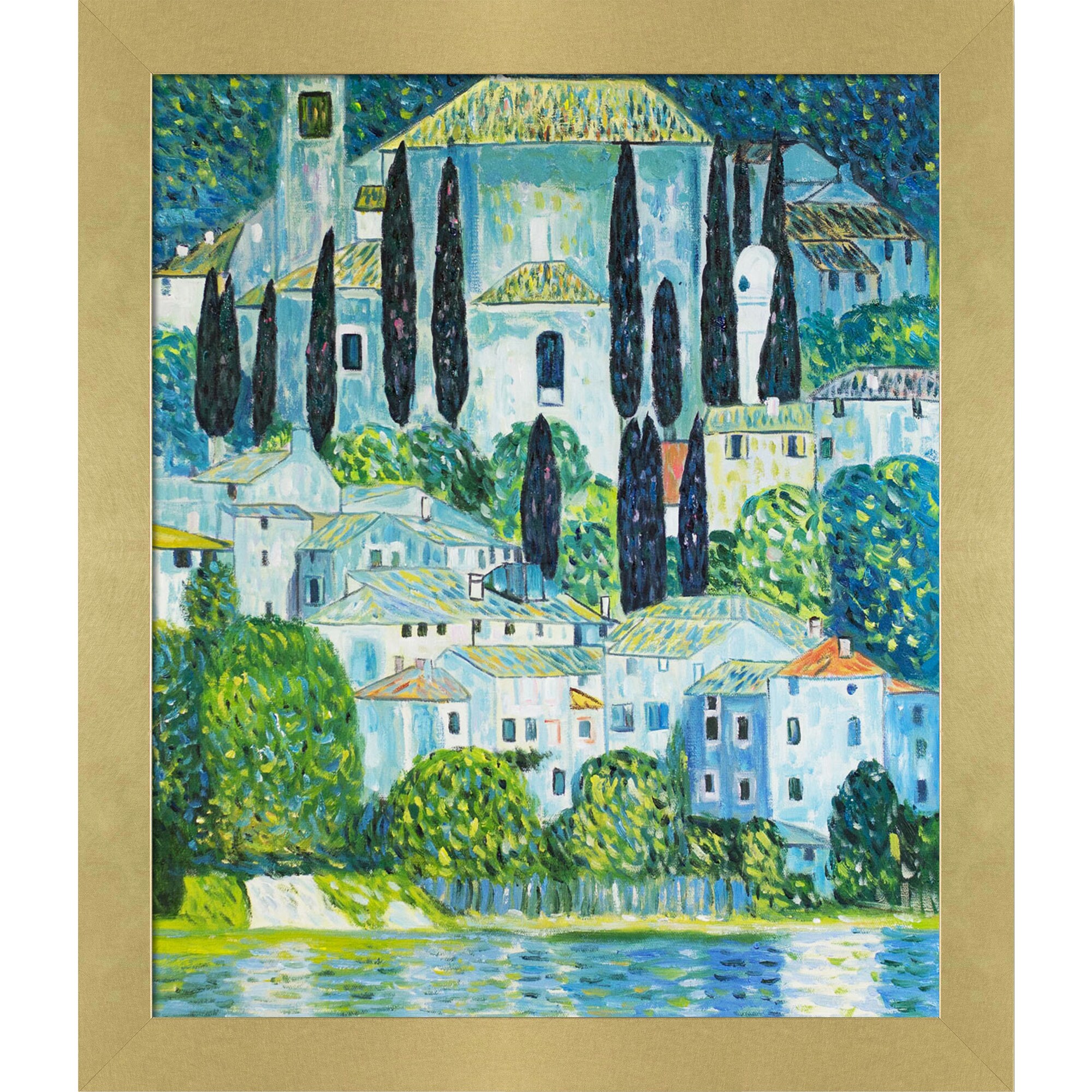 La Pastiche 688576887661 Church in Cassone (Landscape with Cypress) Gustav Klimt Gold Wood Framed 24-Inches H x 28-Inches W Landscape Canvas Hand-Painted Painting