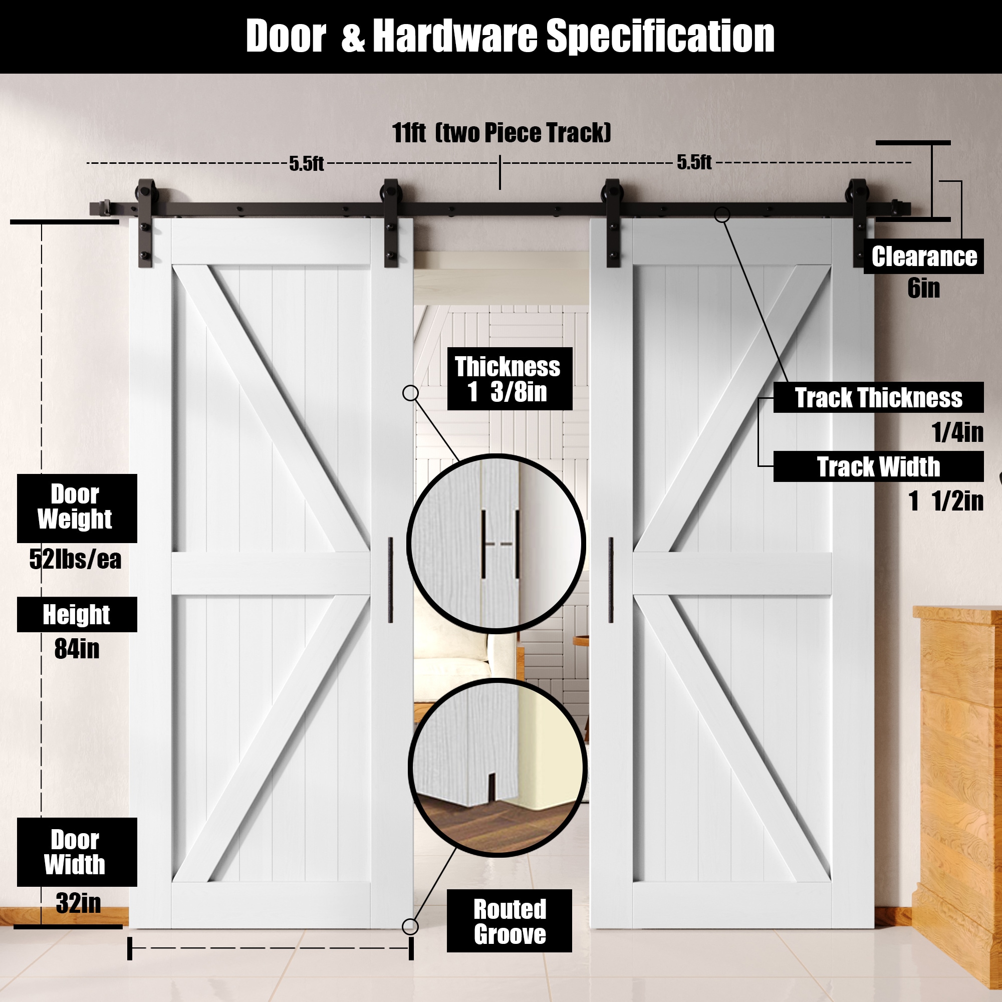 HOMACER YT2TGH132C-3284-K-WH Barn-Doors - View #2