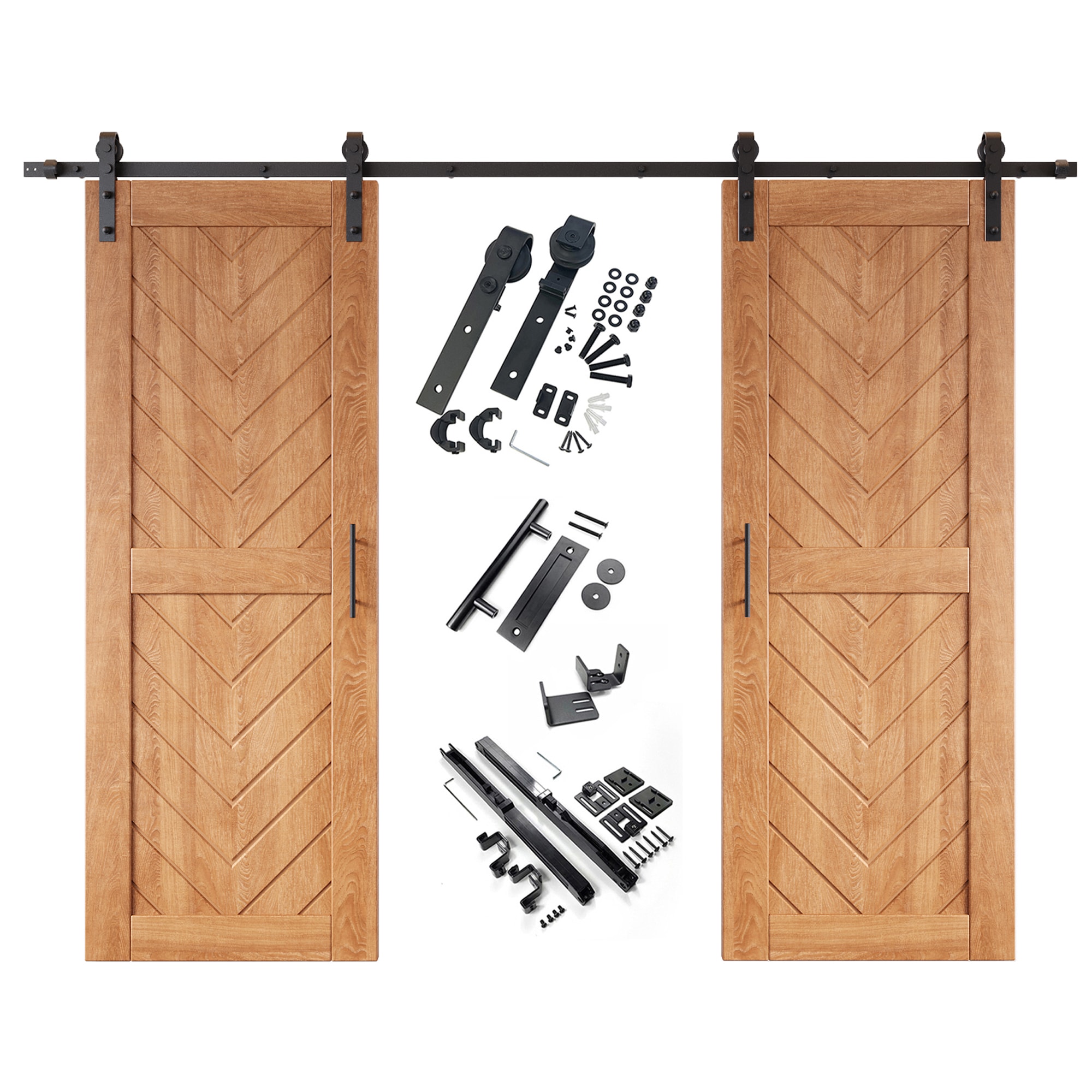 HOMACER YT2H132C-JT3-3080-EA 30-in x 80-in Early American Herringbone Pine Wood Solid core Double Barn Door (Hardware Included)