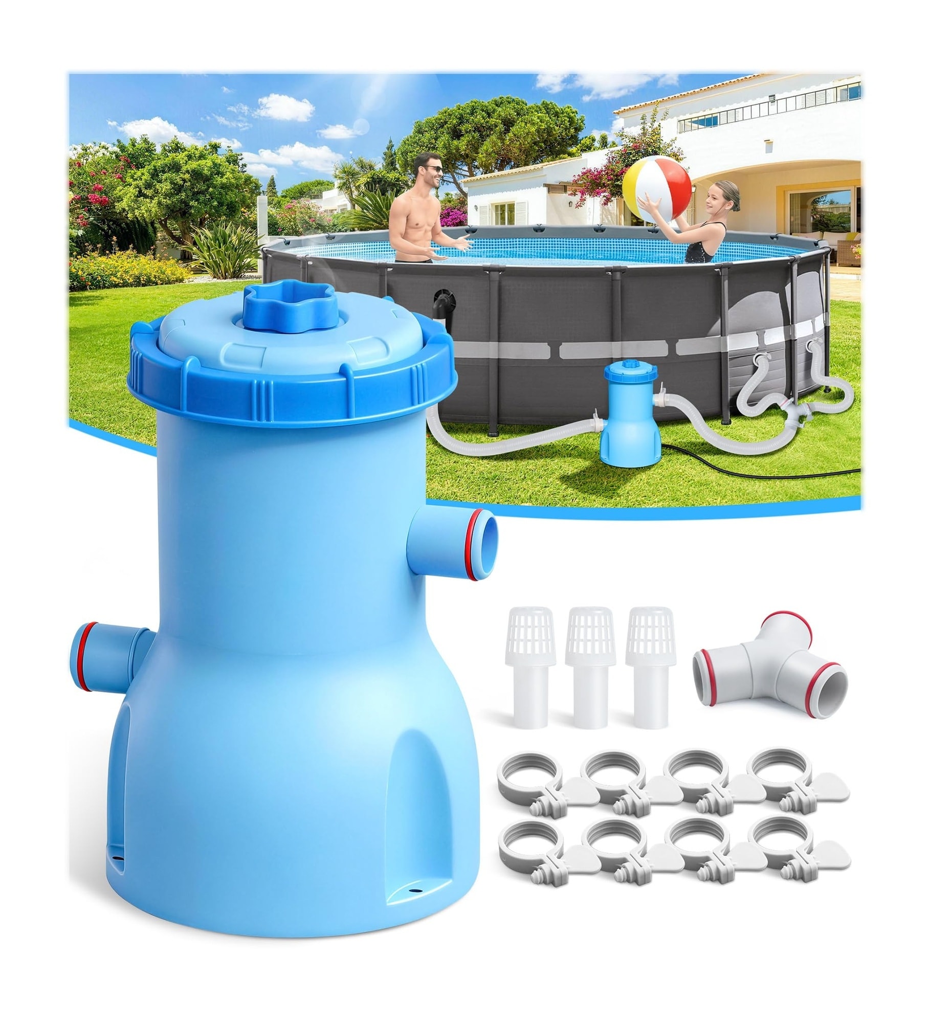 Anqtovp  800 GPH Above Ground Pool Filter Pump 4.2 x 5.4 in Type II Cartridge 1 Piece Rapid Circulation Micro Filtration for Pools up to 4800 Gal