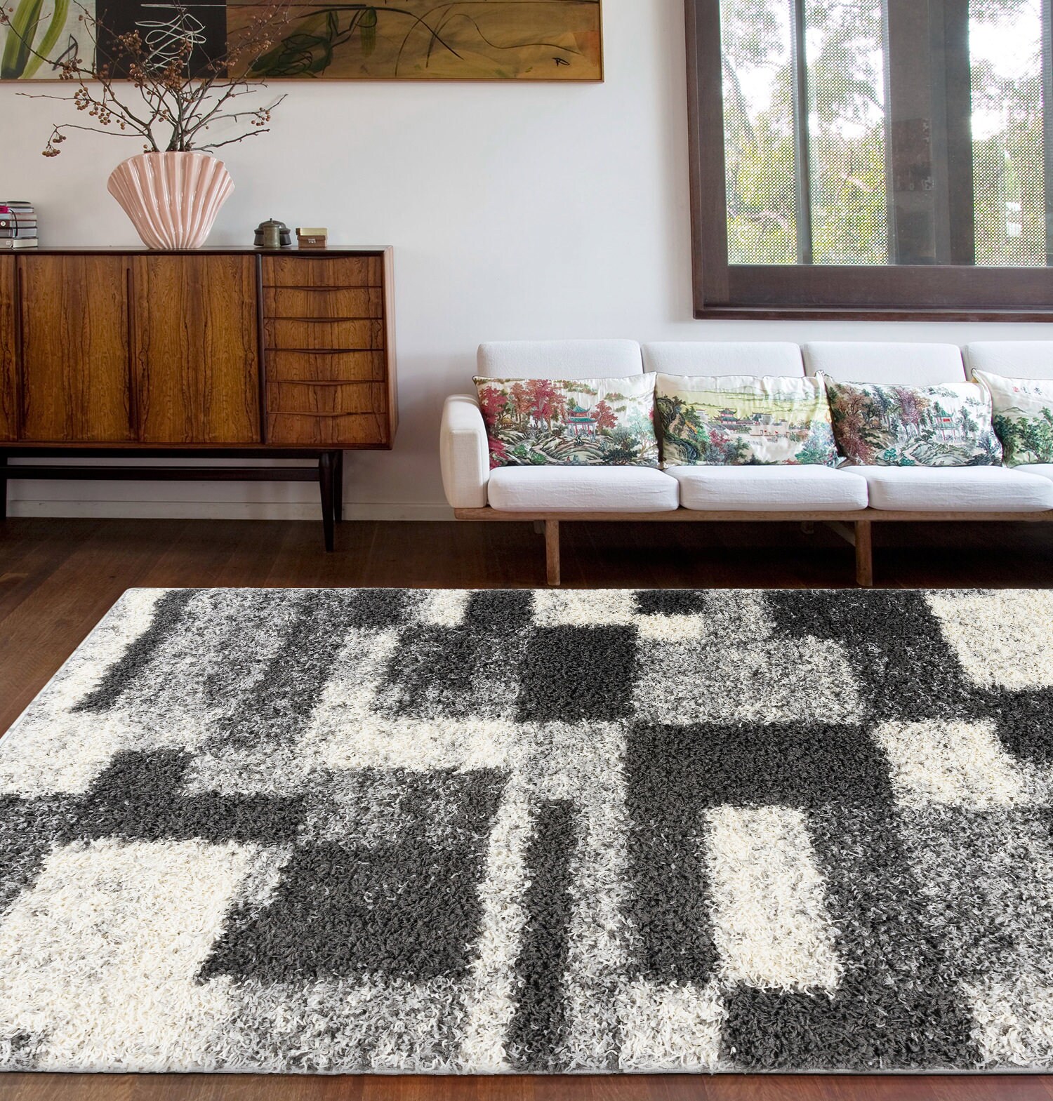 World Rug Gallery Tulum 8 X 10 (ft) Shag Gray Indoor Geometric Mid ...