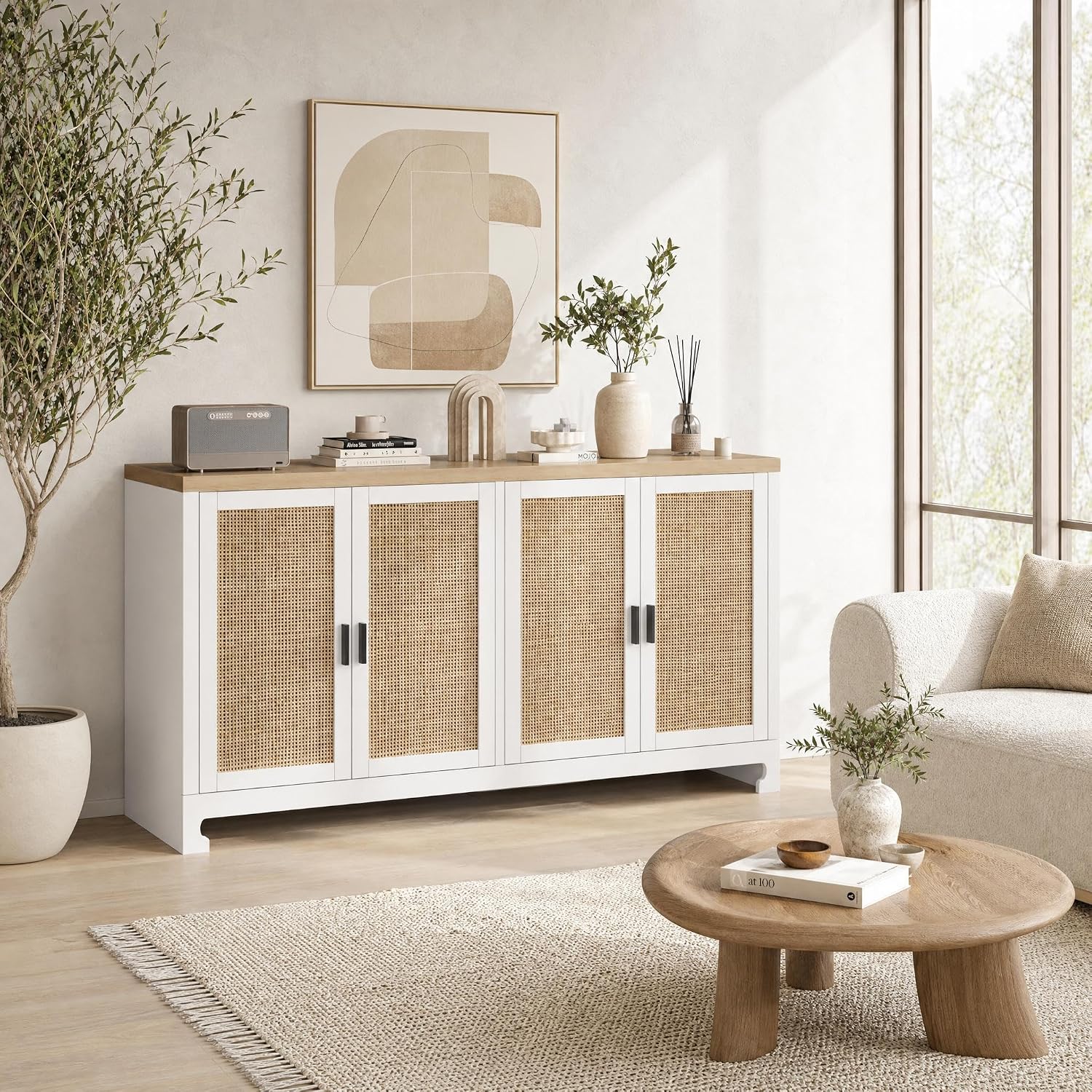 GAOMON 61.4 In Tall Rattan Buffet Cabinet with 4 Doors Adjustable Shelves and Wood Legs White Natural