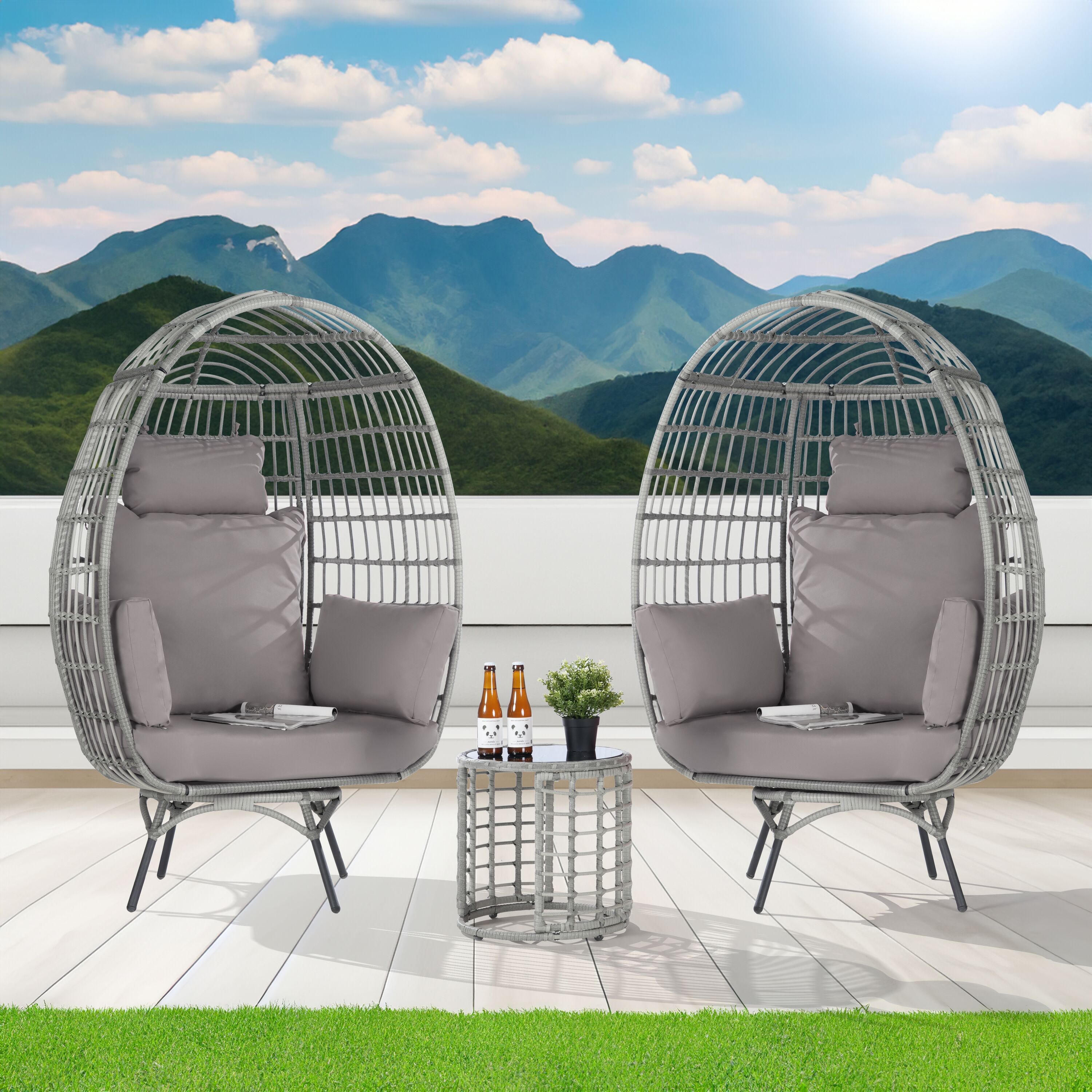SANSTAR L-RJDC63LY-3P 3 -Piece Wicker Patio Conversation Set with Gray Cushions
