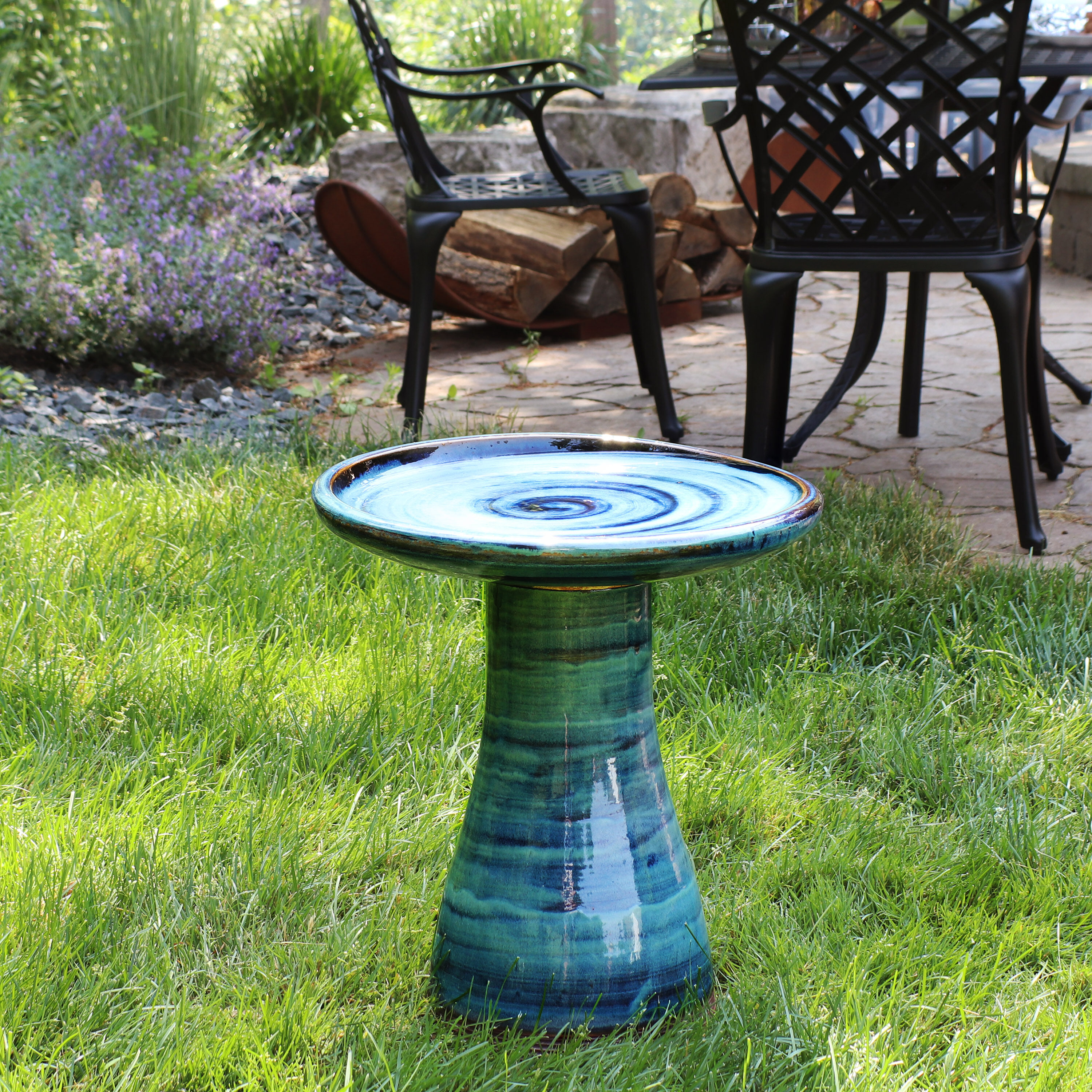 Sunnydaze Decor 21-in H Blue Ceramic Complete Birdbath