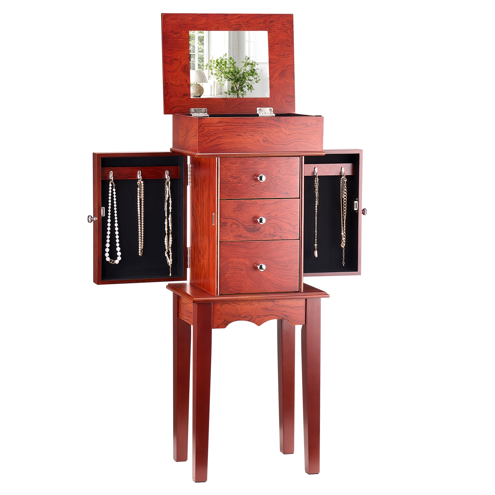 LUXEYARD Jewelry Cabinet Armoire Standing Jewelry Storage Chest with 3 Drawers and Mirror