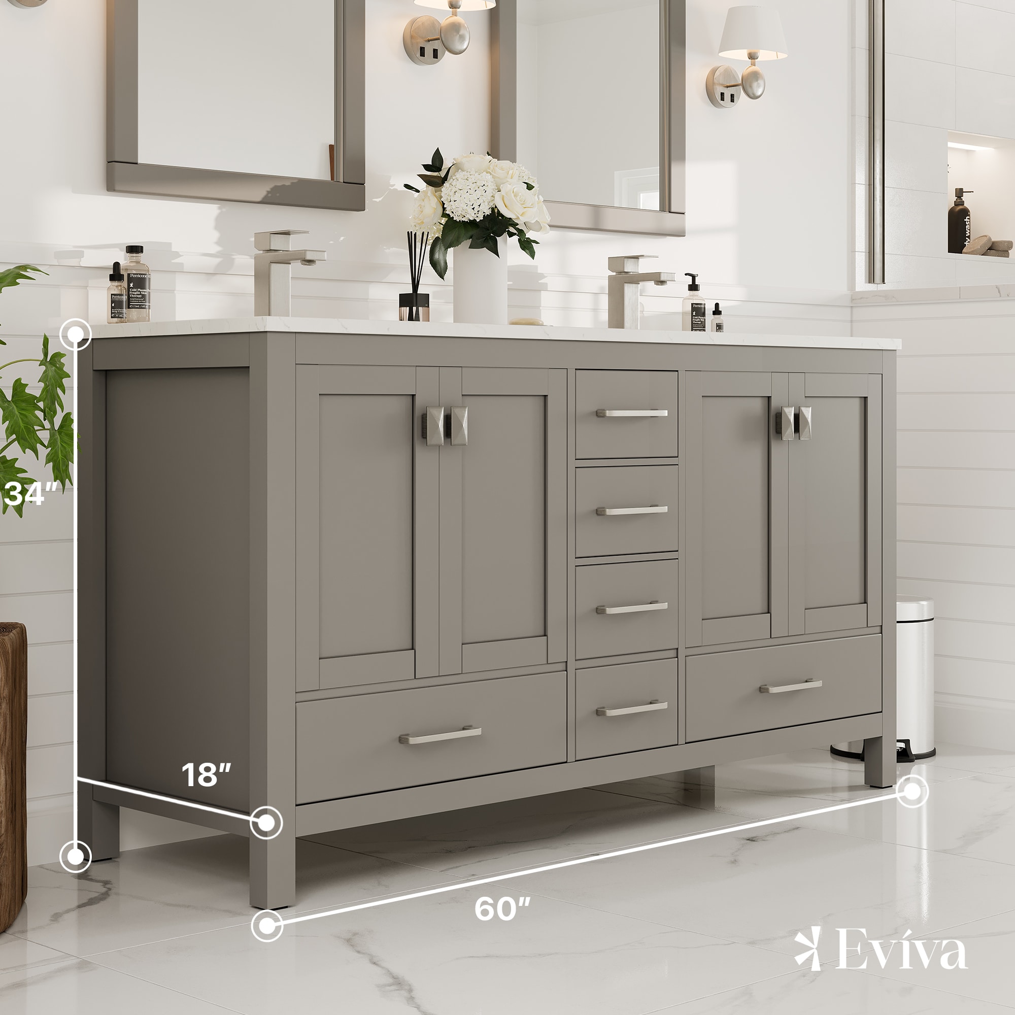 Gray Double Sink Bathroom Vanity with White Quartz Countertop