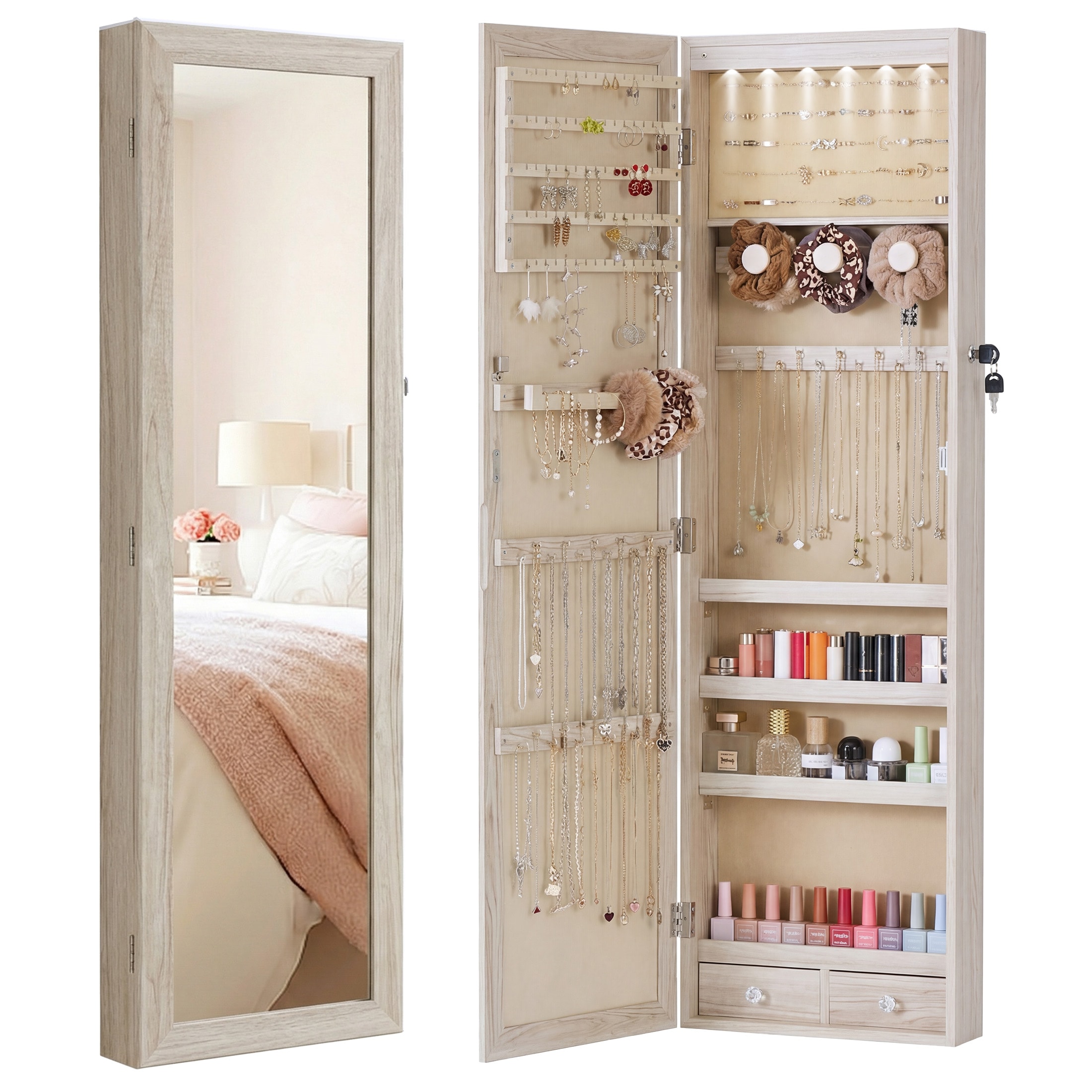 Sweetcrispy Mirrored Wall/Door Mounted Jewelry Armoire Cabinet with 6 LED Lights and Shelves Light Oak