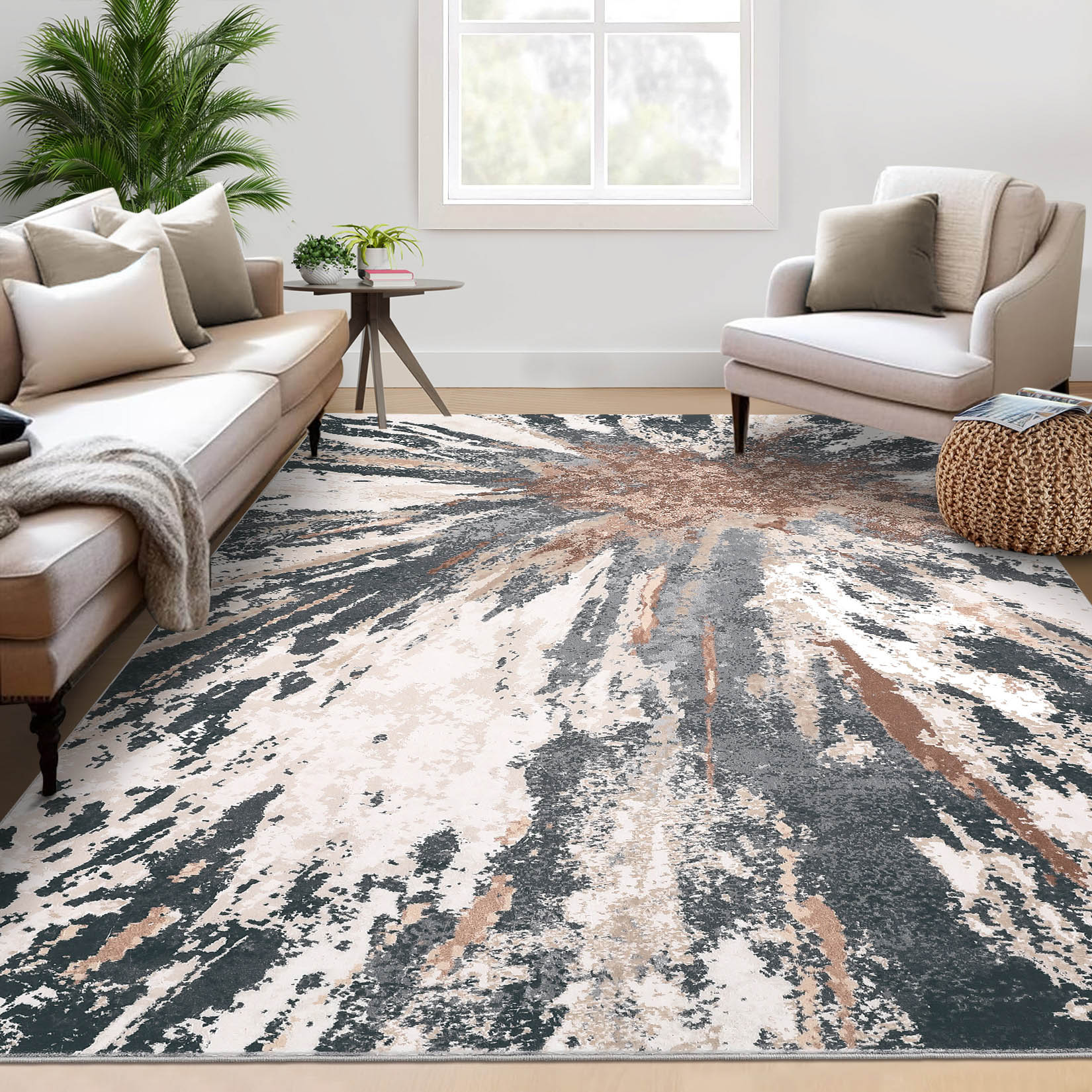Garvee YXY-LO-PHO-15B1ONZ6 5 x 7 (ft) Loomed Polyester Brown Rectangular Indoor Abstract Mid-Century Modern Machine washable Area rug