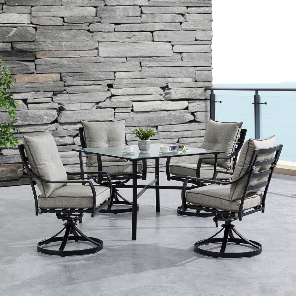 Lavallette Black Steel 4-Person Dining Set with Gray Cushions and Glass-Top Table