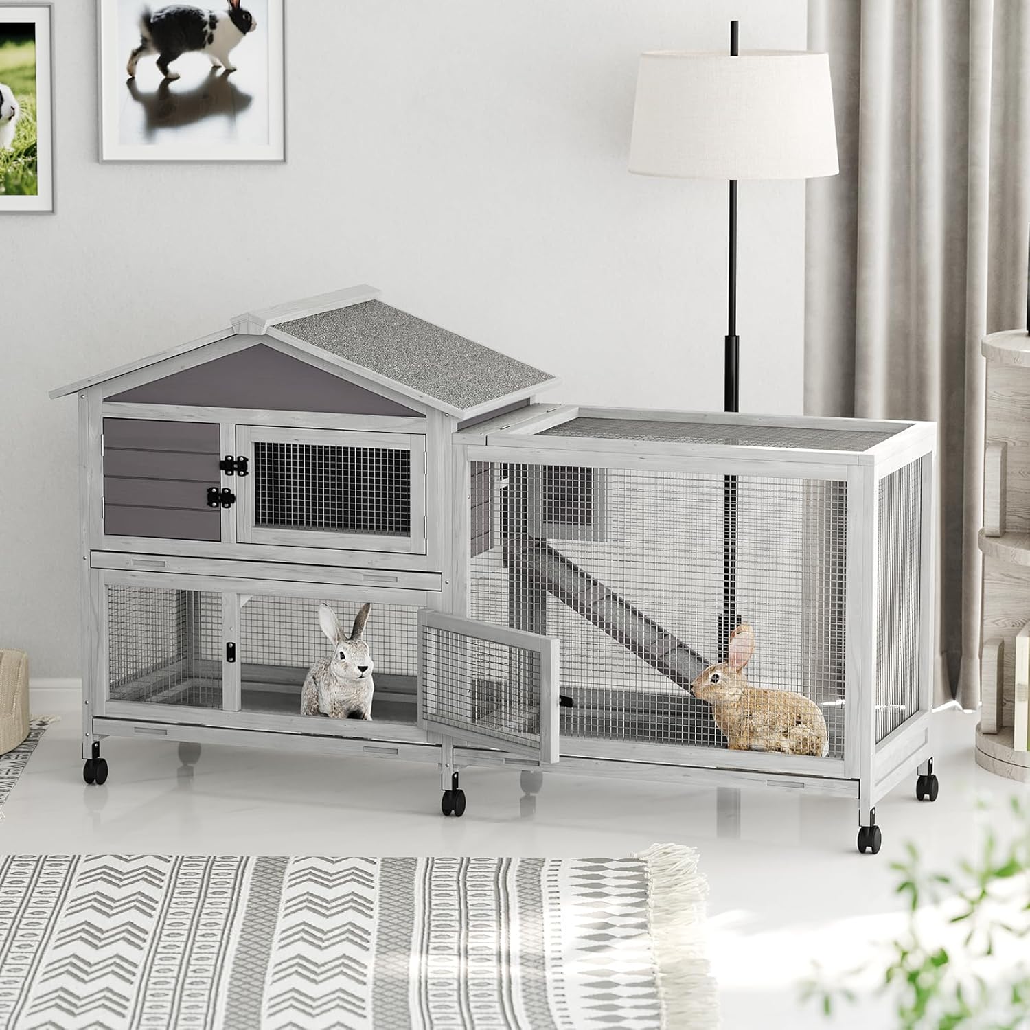 63 in Rabbit Cage with Weatherproof Roof  Bunny Cage with 6 Lockable Caster Wheels  and  Pull Out...