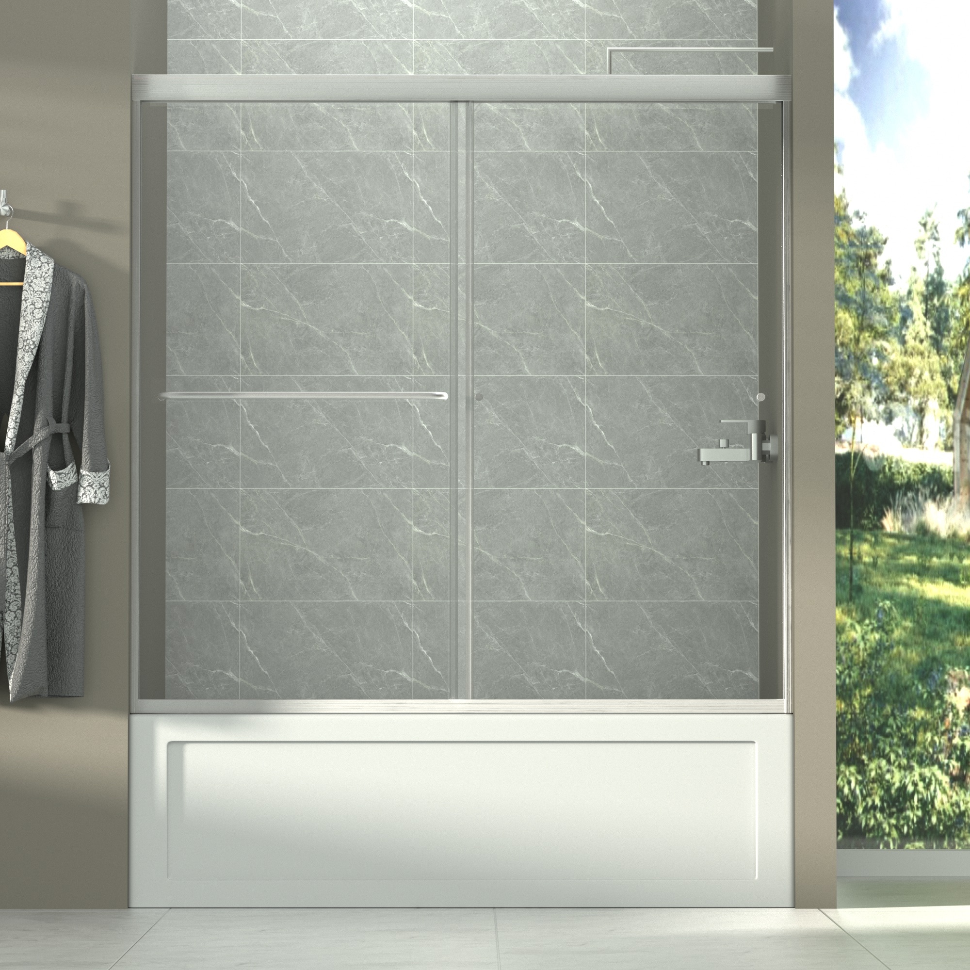 Forclover CLR-P176953 Sliding Shower Door Brushed Nickel 56-in to 60-in W x 58-in H Semi-frameless Sliding Bathtub Door 1/4-in Thick Clear Glass