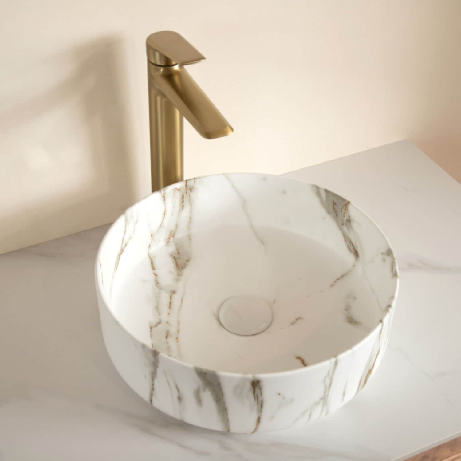 GDFStudio Modern Ceramic 14.17 in Bathroom Round Vessel Sink with Matte Stone Finish - Matte White (NO Faucet)