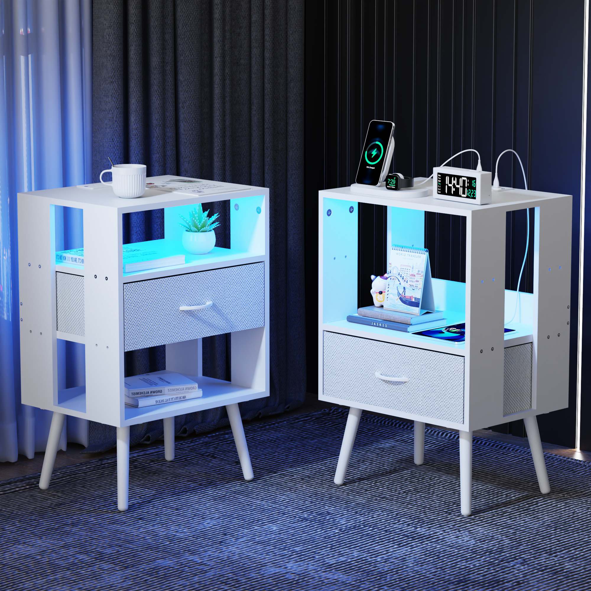 VERYKE LL-NSD034WH Modern 2-Piece Nightstand with Charging Station and LED Light