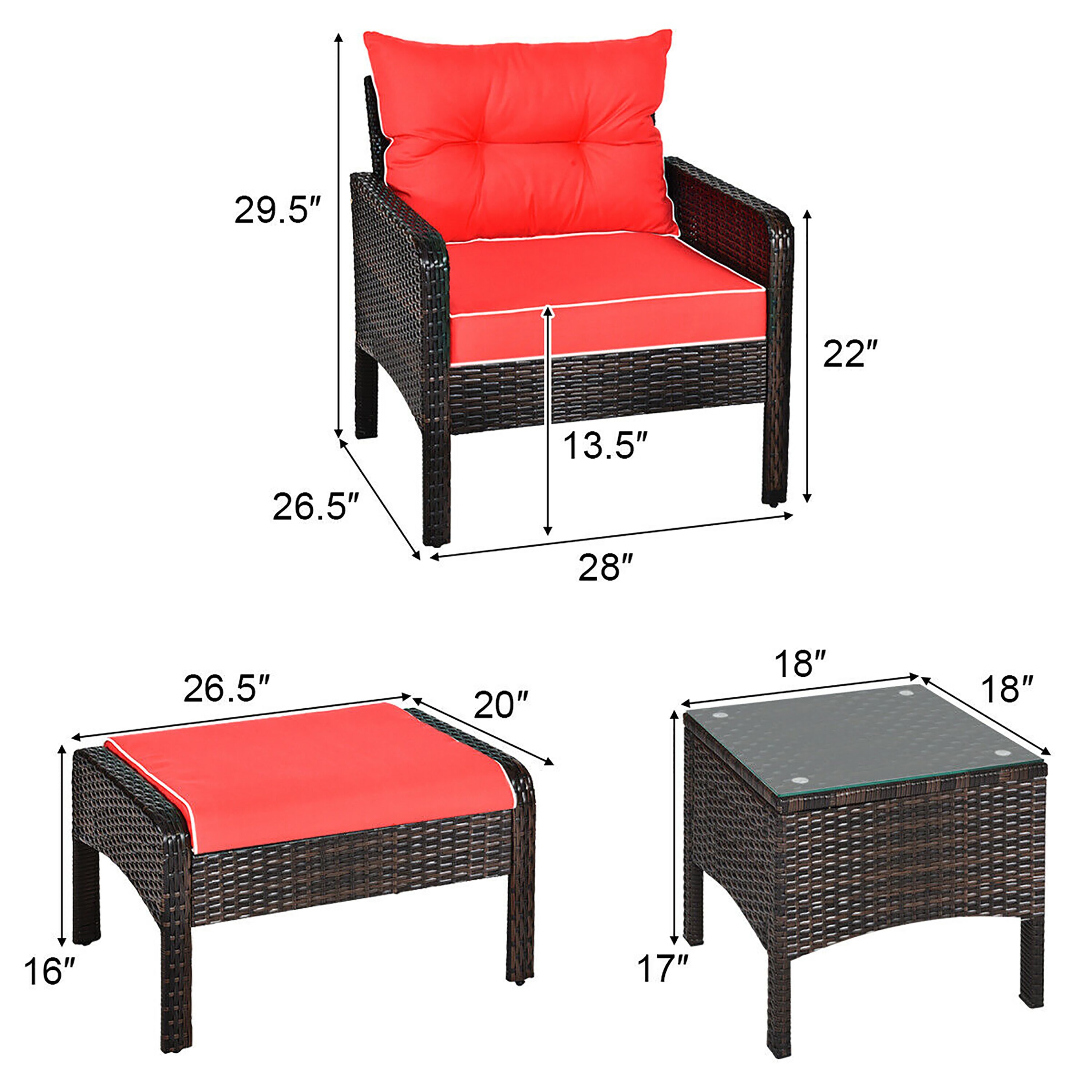 Red Cushioned 2 Person Brown Rattan Conversation Set with Glass Top Table