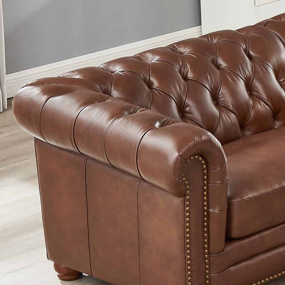 Hydeline Alton Bay Top Grain Leather Chesterfield Loveseat - Caramel Brown