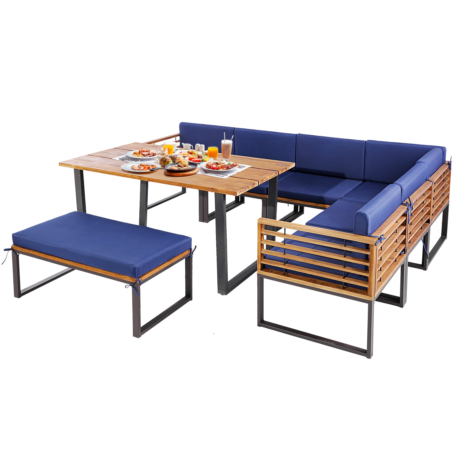 Slickblue D-CO-+YN40017WH 8-Piece Natural Frame Rattan Patio Dining Set - Acacia Wood Rectangular Table with Navy Blue Cushioned Sofa Chairs and Ottoman – Patio Backyard Deck
