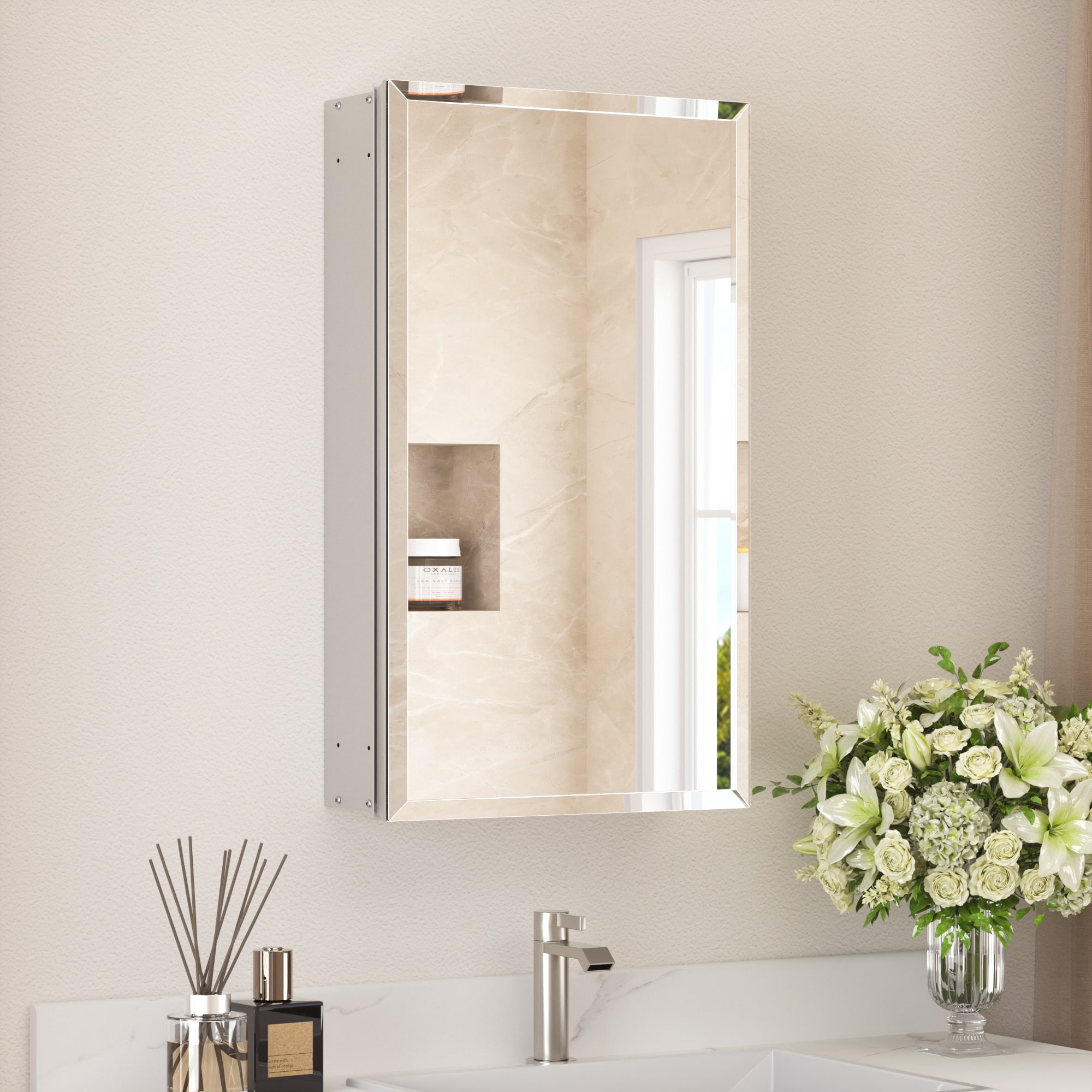 TETOTE - 15 x 26 in Silver Frameless Surface/Recessed Aluminum Beveled Mirrored Rectangle Medicin...
