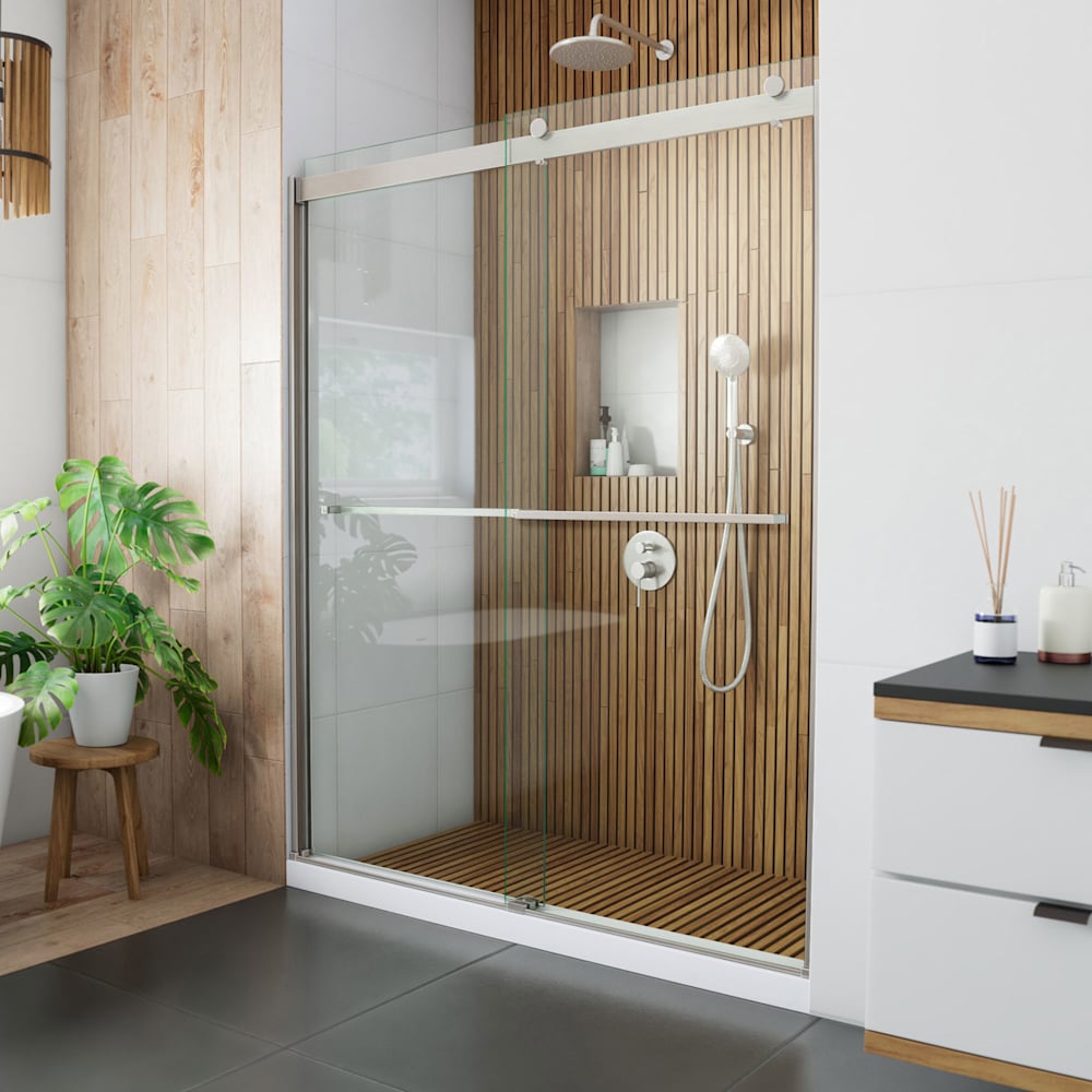 DreamLine - Sapphire Brushed Nickel 56-in to 60-in W x 76-in H Semi-frameless Clear Glass Bypass ...
