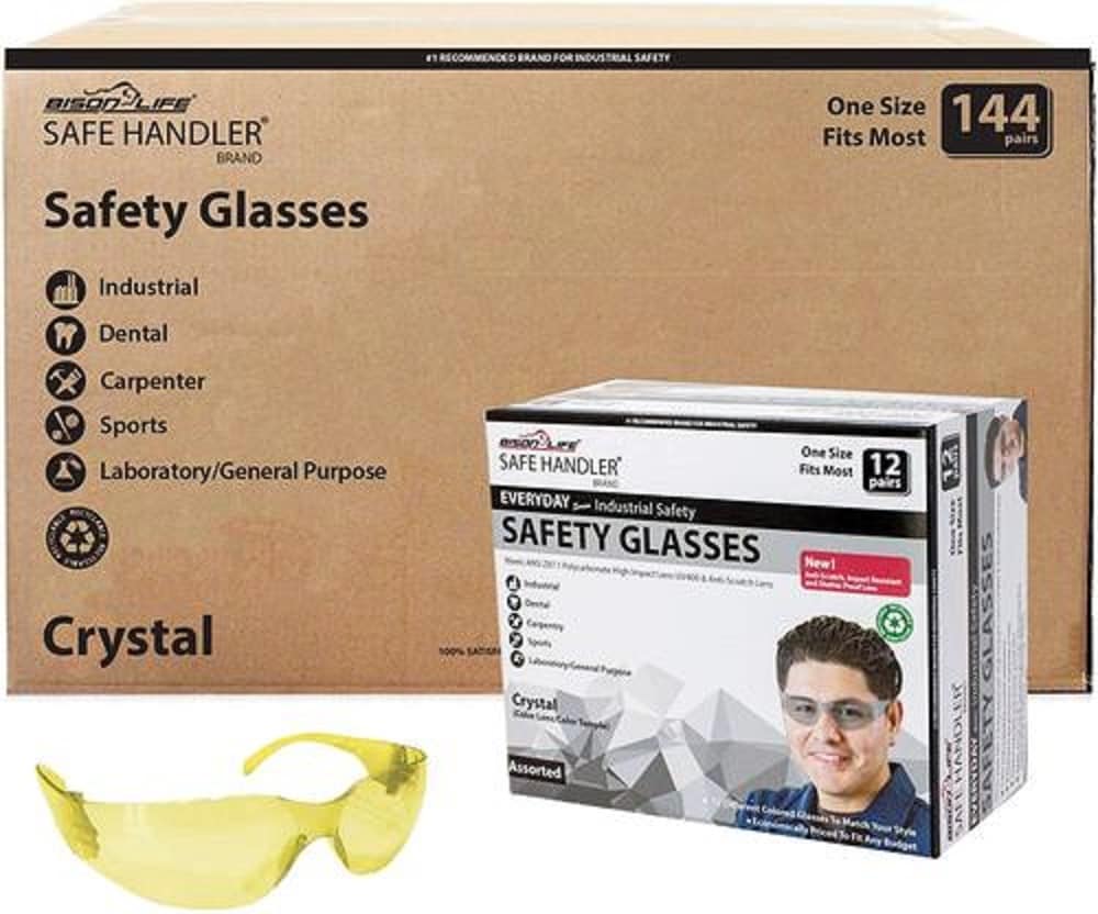 BISON LIFE SH-CR-CLCT-SG4Y-CS 144-Pack, Crystal Yellow Polycarbonate Safety Glasses