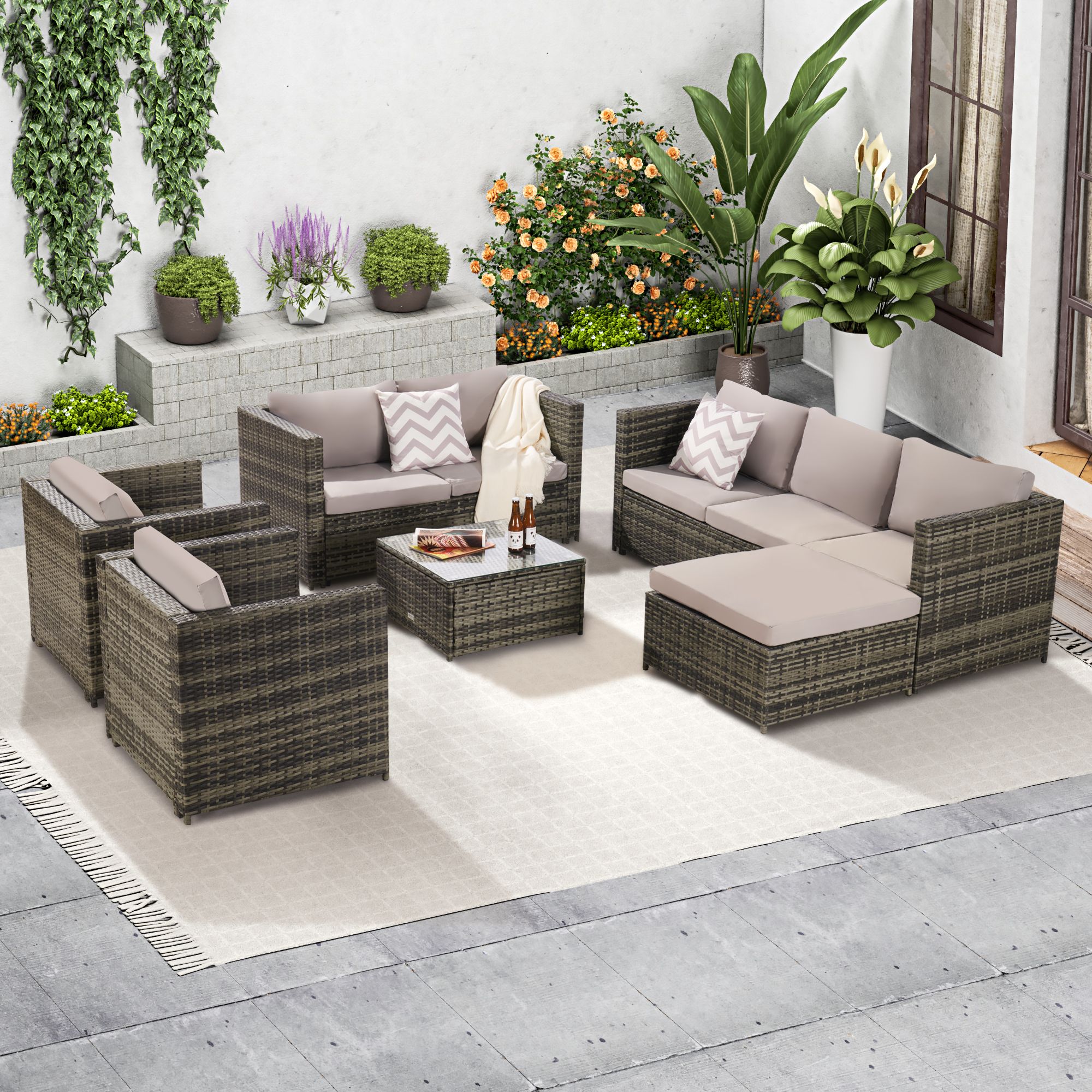 SANSTAR 6-Piece Rattan Patio Conversation Set with Gray Solution-dyed ...