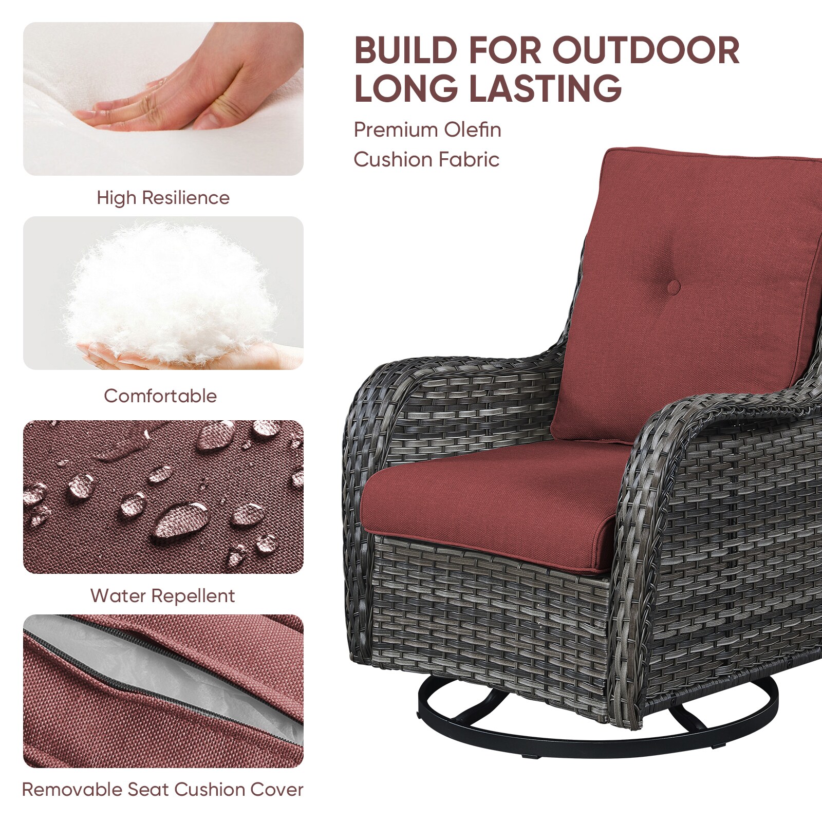 Grey and Red Outdoor Wicker Rocking Lounge Chairs with Cushions